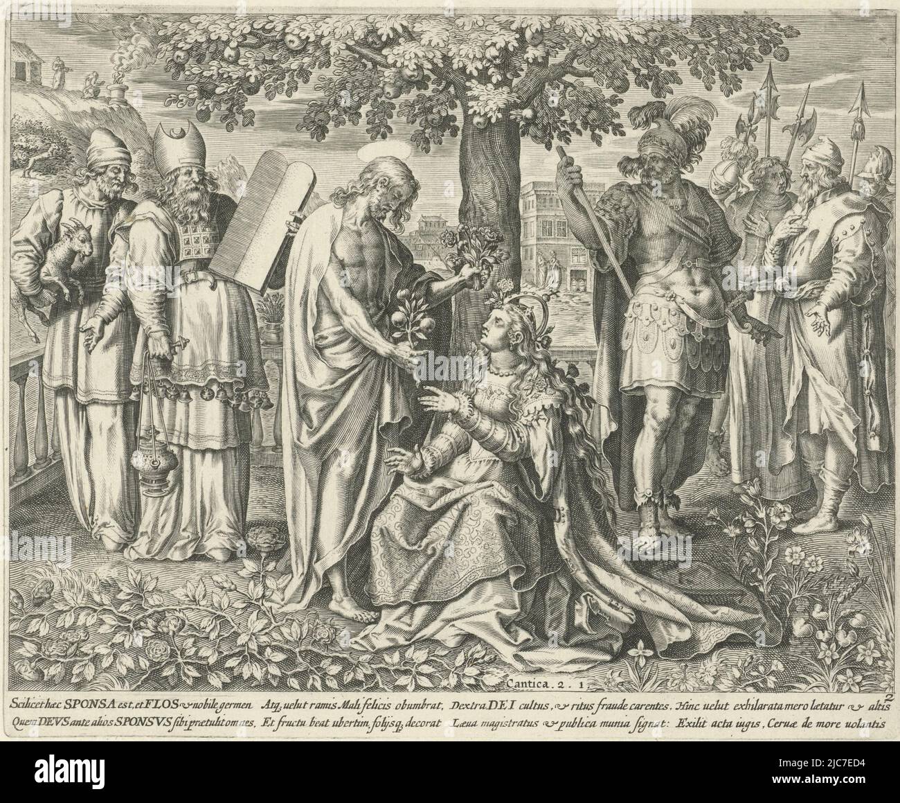 La mariée du Christ (l'église) est assise sous un pommier dans un jardin de fleurs, recevant des fleurs du Christ debout à côté d'elle. À gauche et à droite se trouvent les personnes de l'ancien Testament. L'imprimé a une légende latine sur le chant des chansons de Salomon, le Christ et son épouse sous un arbre d'Apple Cantica. 2,1. Song of Solomon Canticum Canticorum , Johann Sadeler (I), imprimerie: Anonyme, éditeur: Claes Jansz. Visscher (II), Amsterdam, 1590 et/ou 1643, papier, gravure, h 211 mm × l 259 mm Banque D'Images