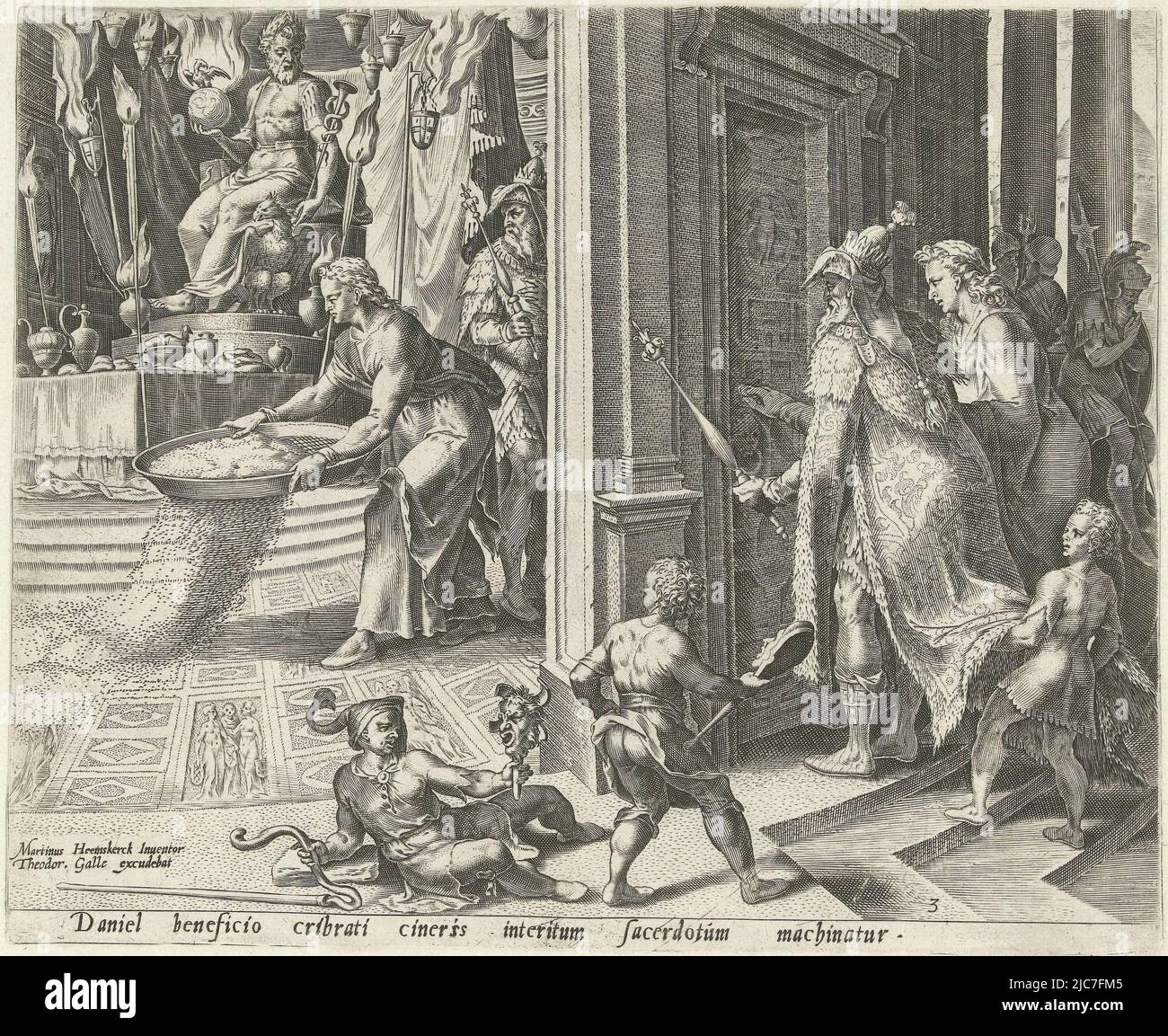 Pour prouver que ce n'est pas l'image du dieu Bel qui consomme la nourriture, mais les prêtres, Daniel frayent des cendres sur le sol du temple. Le roi Cyrus a la porte du temple scellé de sorte que personne ne puisse entrer inaperçu, Daniel scatters cendres sur le plancher du temple Histoire de Daniel, Bel et le dragon , imprimeur: Philips Galle, Maarten van Heemskerck, (mentionné sur l'objet), éditeur: Theporte Galle, (mentionné sur l'objet), Imprimerie: Haarlem, éditeur: Anvers, 1601 - 1633, papier, gravure, h 202 mm × l 246 mm Banque D'Images