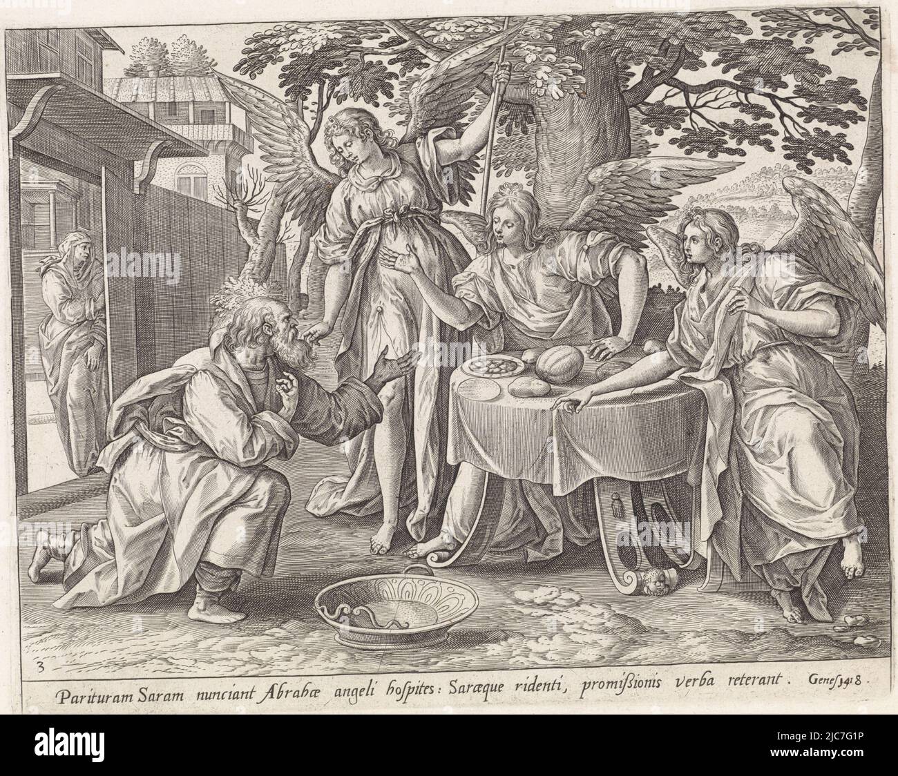 Les trois anges visitent Abraham et s'assoient à la table qu'il a fixée pour eux. Ils lui promettent que Sarah et lui auront un fils. Abraham entend les nouvelles s'agenouiller. Sara écoute dans la porte. Au-dessous de l'image une référence en latin au texte de la Bible dans Genèse 18. Abraham et les trois Anges Histoire d'Abraham Thesaurus sacrarum historiarum veteris testamenti , imprimerie: Adriaen Collaert, (attribué à), Maerten de vos, éditeur: Gerard de Jode, Anvers, 1585, papier, gravure, h 202 mm × l 256 mm Banque D'Images