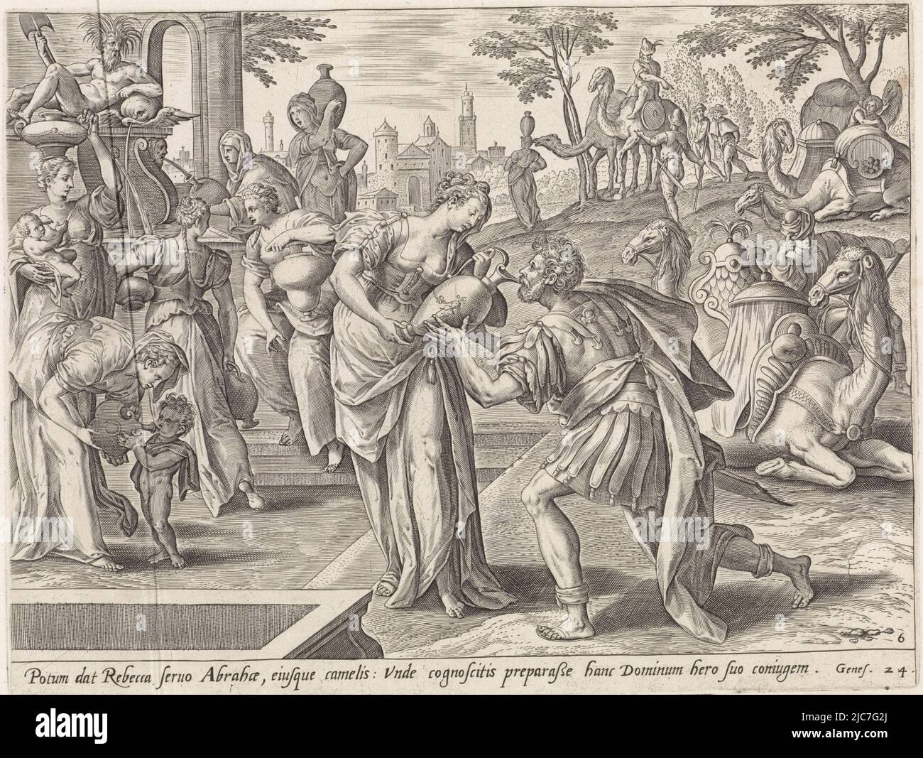 Élie, le serviteur d'Abraham, rencontre Rebecca au puits. Elle lui laisse boire de sa verseuse. À droite se trouvent les chameaux et la rétine d'Élie. Sur la gauche, les femmes de la ville viennent puiser l'eau de la fontaine. La fontaine est surmontée par un dieu de rivière. En dessous de la scène une référence en latin au texte de la Bible dans Genèse 24, Elie et Rebekah Histoire d'Abraham Thesaurus sacrarum historiarum veteris teatenti Theatrum biblicum , imprimeur: Adriaen Collaert, (attribué à), rapporteur intermédiaire: Maerten de vos, éditeur: Anvers de Jostamde, éditeur: Gerard, éditeur: 1585 Banque D'Images