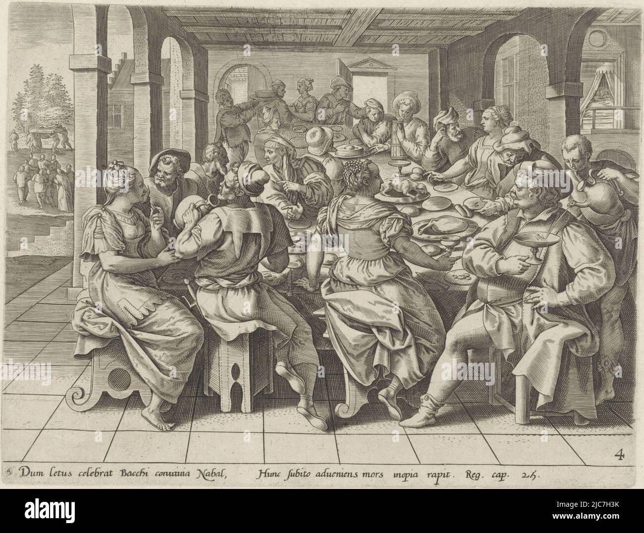 Nabal et Abigail sont assis au banquet de Nabal et Nabal a un autre versement. En arrière-plan à droite, lit de Nabal et d'Abigail. Après que Nabal ait dormi de son ivresse, Abigail lui a dit ce qu'elle avait fait. À cette annonce, Nabal est mort. Sur la gauche en arrière-plan, la procession funéraire, portant le corps de Nabal. Au-dessous de l'image une référence en latin au texte de la Bible dans Sam 1. 25, Fête de l'Histoire de Nabal de David et Abigail Thesaurus sacrarum historiarum veteris testamenti , Maerten de vos, imprimeur: Anonyme, éditeur: Gerard de Jode, Anvers, 1585, papier, gravure, h Banque D'Images