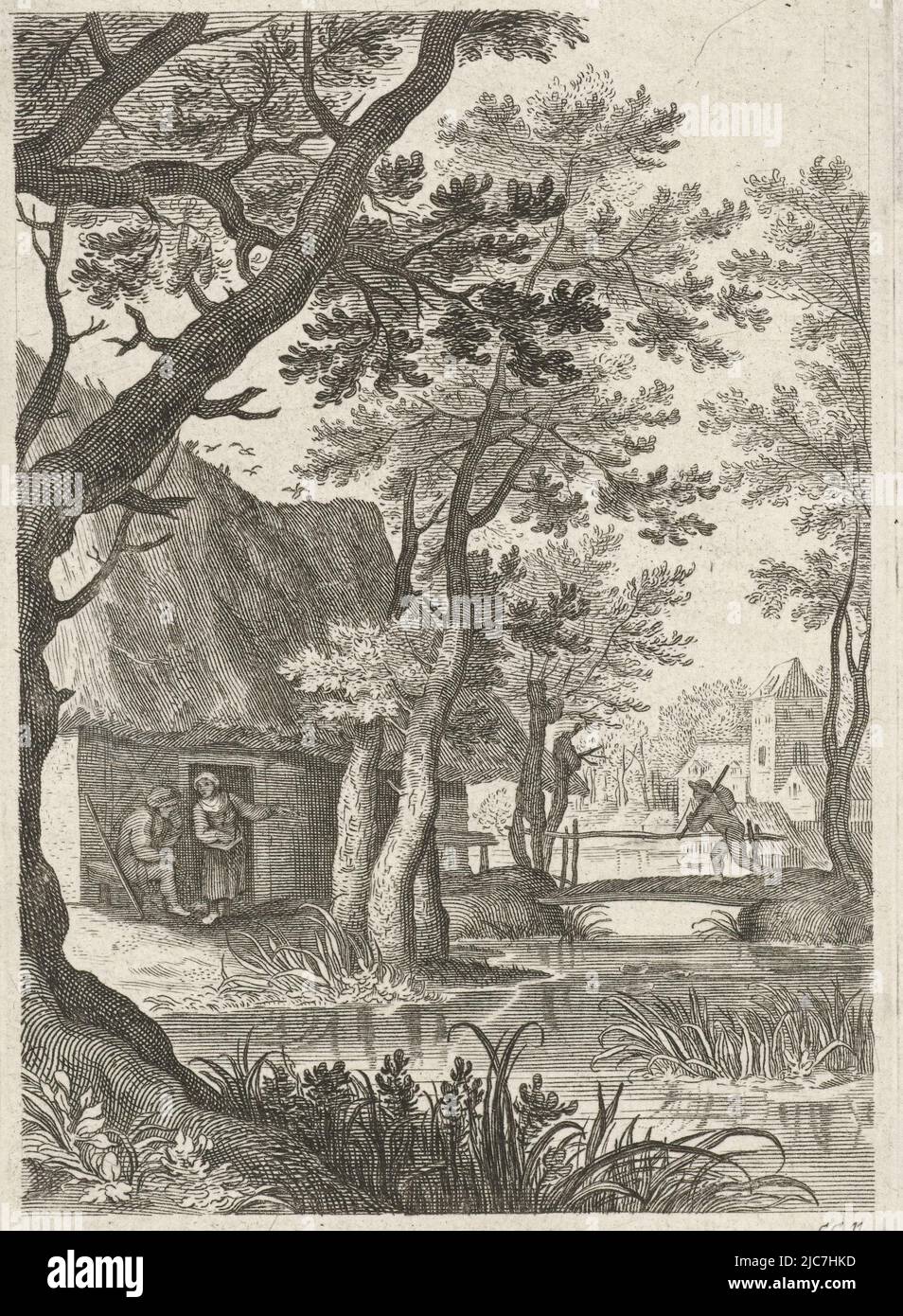 Paysage avec ferme, pont et fossé, imprimerie: Cornelis Galle (II), (mentionné sur l'objet), imprimerie: Cornelis Galle (III), (mentionné sur l'objet), Anvers, 1638 - 1678, papier, gravure, h 133 mm × l 93 mm Banque D'Images