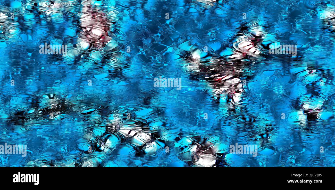 Gros plan sur une magnifique texture bleu abstrait avec des taches blanc-rouge. Motif ondulé ressemblant à de l'eau de mer ondulée ou du verre dans un arrière-plan artistique sans couture. Banque D'Images