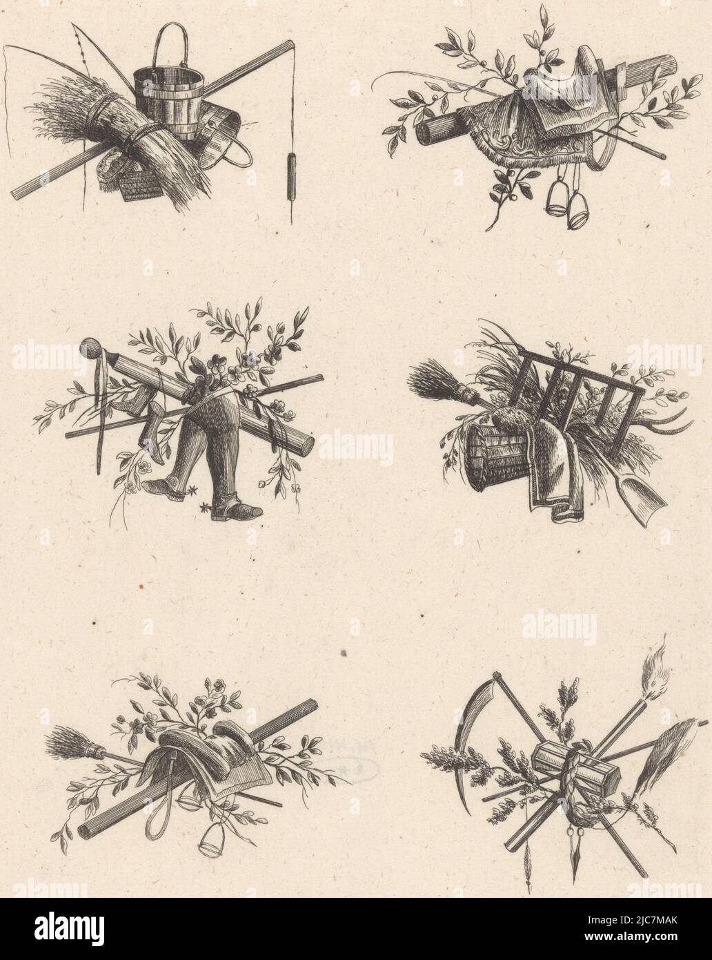 Six trophées avec des attributs équestres tels que fouets, seaux, selles, étriers, bottes et balais, Trophées avec attributs équestres L Cahier de Troph, imprimeur: Anonyme, dessinateur intermédiaire: Pierre Ranson, (mentionné sur l'objet), éditeur: Johann Martin will, (mentionné sur l'objet), dessinateur intermédiaire: Paris, éditeur: Augsbourg, in ou after 1772 - 1806, papier, gravure, h 290 mm × l 205 mm Banque D'Images