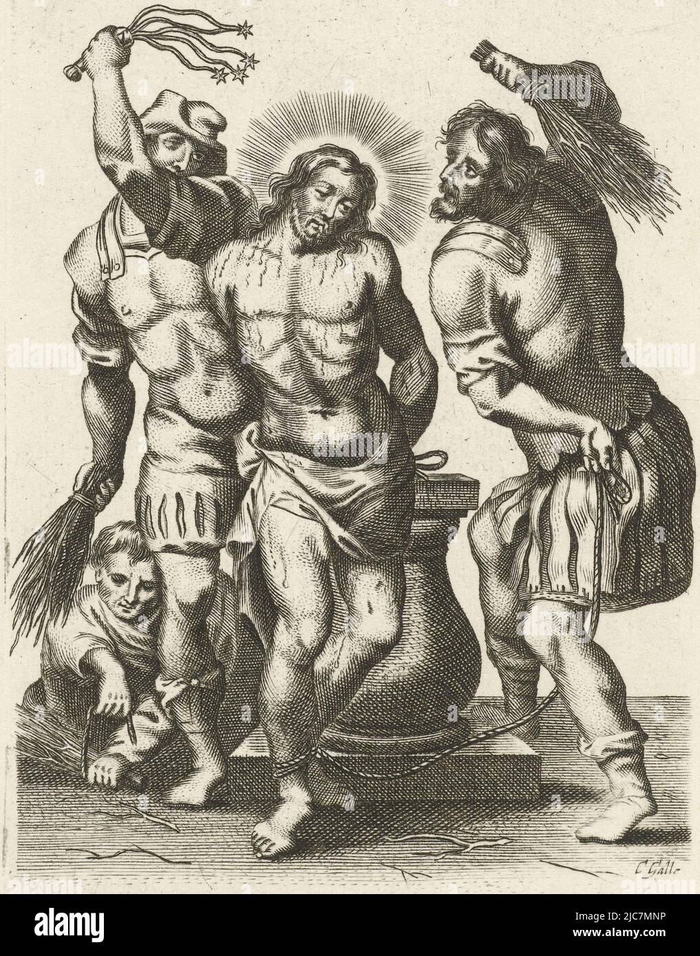 Le Christ est tourmenté par deux soldats de fléau et de bâton. Ses mains et ses pieds sont liés. Un troisième soldat s'agenouille au sol. Le fléau du Christ, imprimeur: Cornelis Galle (II), (mentionné sur l'objet), imprimeur: Cornelis Galle (III), (mentionné sur l'objet), Anvers, 1638 - 1678, papier, gravure, h 133 mm × l 93 mm Banque D'Images