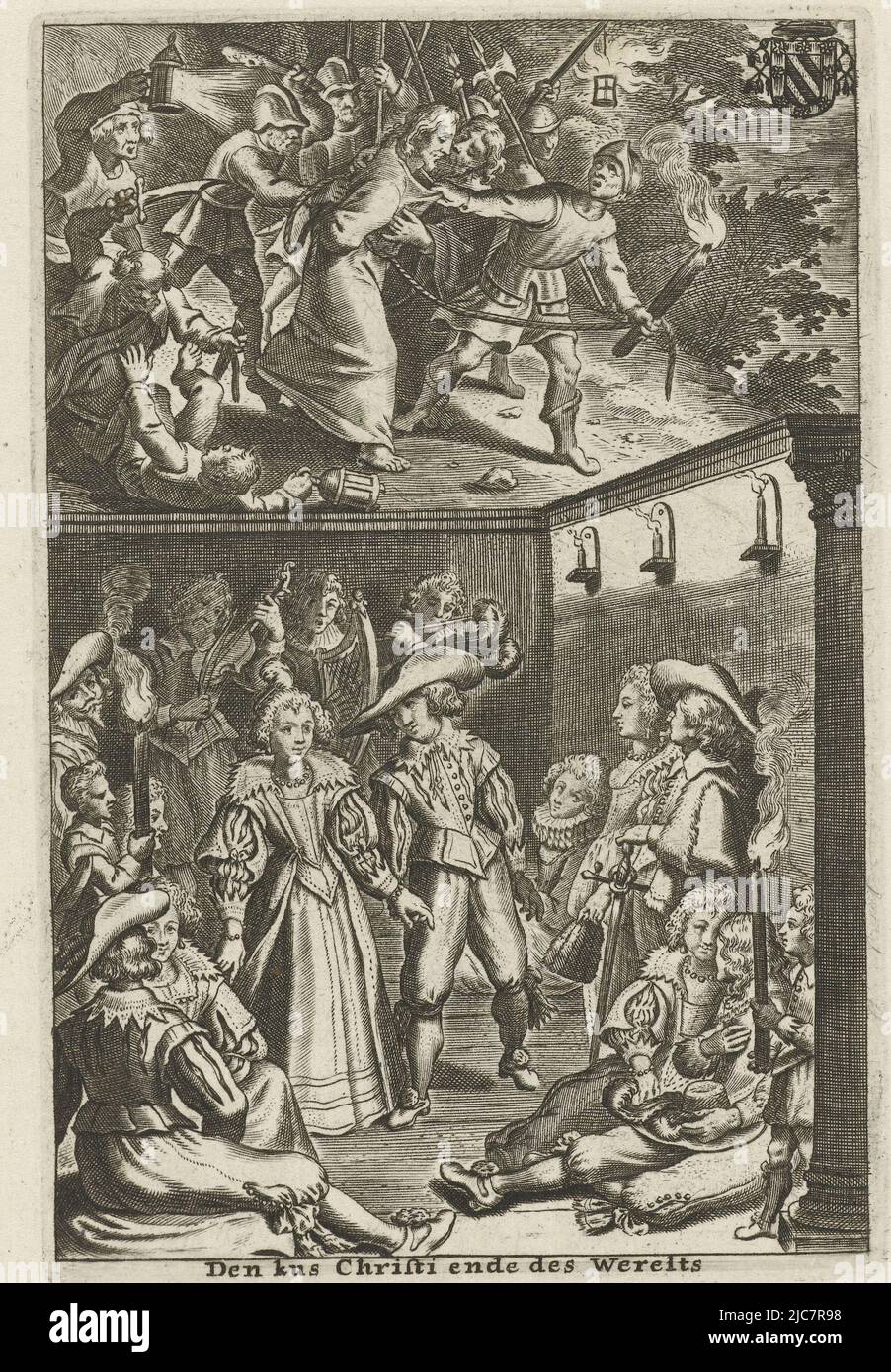 En premier plan, un intérieur avec des cours de danse et de musique et des couples amoureux. Au-dessus, Christ est capturé dans le jardin de Gethsemane par des soldats qui se sont rassemblés autour de lui avec des halberds et des lanternes. À gauche, Simon Pierre a coupé l'oreille droite de l'esclave Malchus avec une épée. En haut à droite se trouve un blason d'un canon. L'impression a une légende en néerlandais. Imprimer à partir d'une édition de livre dans laquelle une scène de la vie du Christ est juxtaposée à une situation mondiale, la capture du Christ et la célébration des courtisans Den kus Christi ende des Werelts moralisatrice des leçons pour les courtisans Banque D'Images