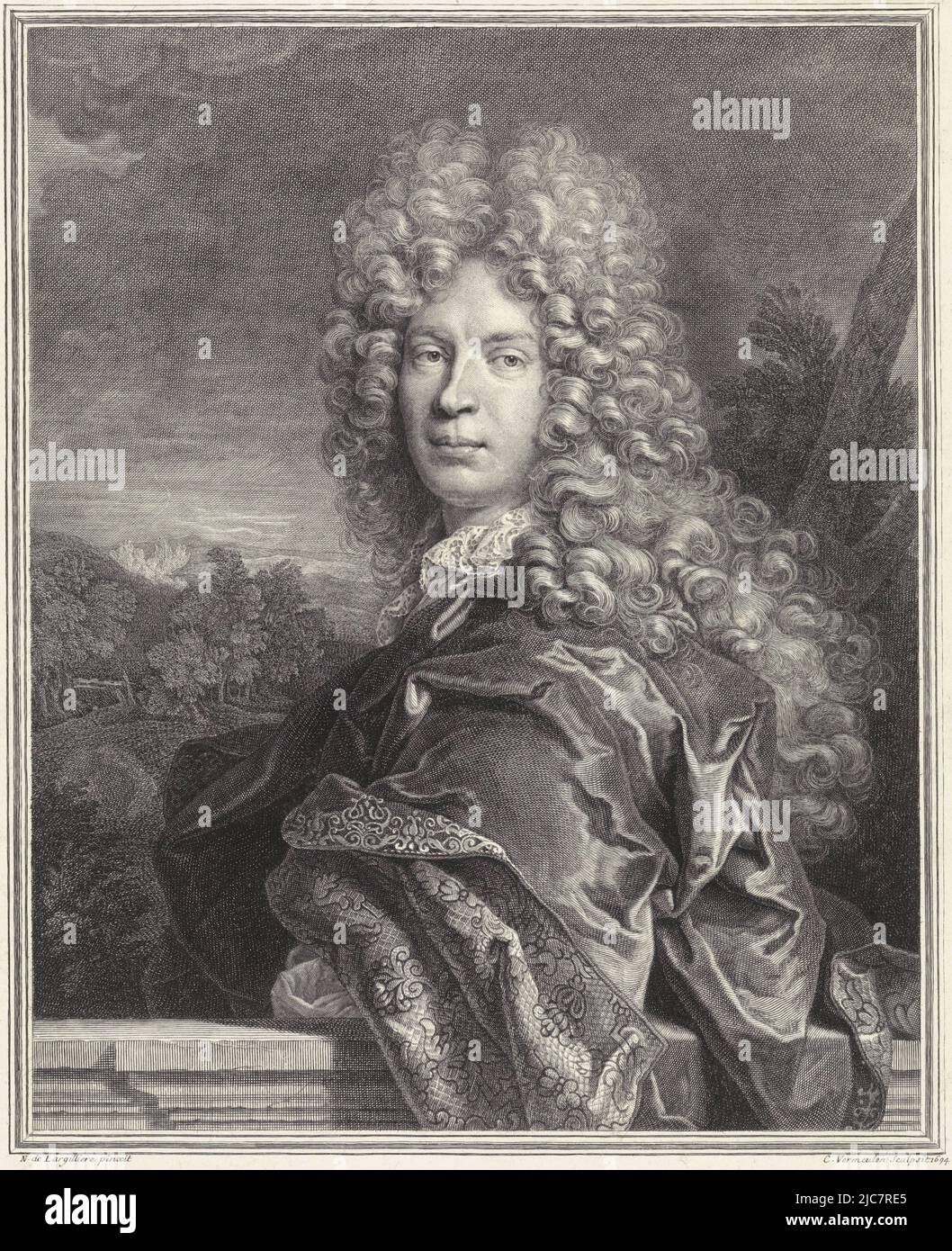 Portrait de Pierre Vincent Bertin, imprimeur: Cornelis Martinus Vermeulen, (mentionné sur l'objet), d'après: Nicolas de Largillière, (mentionné sur l'objet), Anvers, 1694, papier, gravure, h 422 mm × l 297 mm Banque D'Images