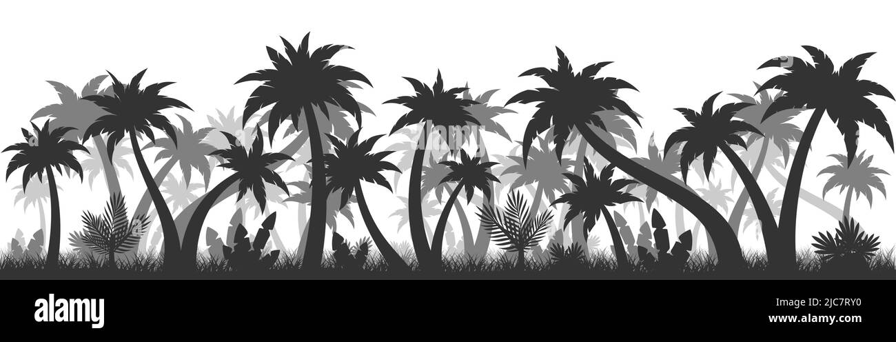 Plante tropique de palmier noir fond sans couture. Silhouette tropicale texture jungle forêt subtropicale. Motif Voyage profil de compagnie conception carte postale couverture magazine imprimer tissu papier peint île Illustration de Vecteur
