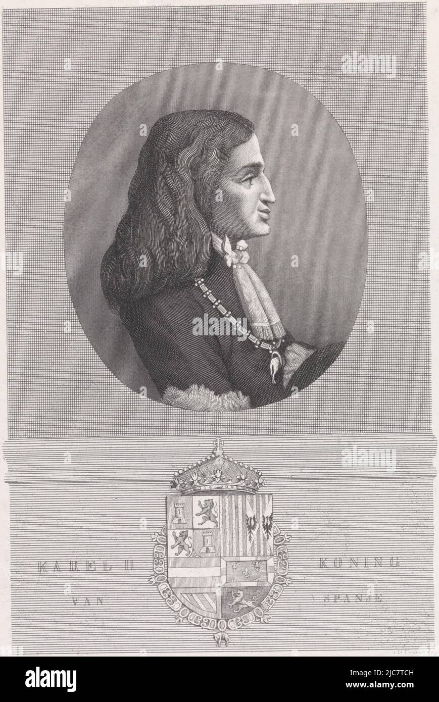 Portrait de Charles II, roi d'Espagne, imprimerie : Edouard Taurel, (mentionné sur l'objet), Amsterdam, 1841 - 1879, papier, gravure en acier, h 265 mm × l 179 mm Banque D'Images