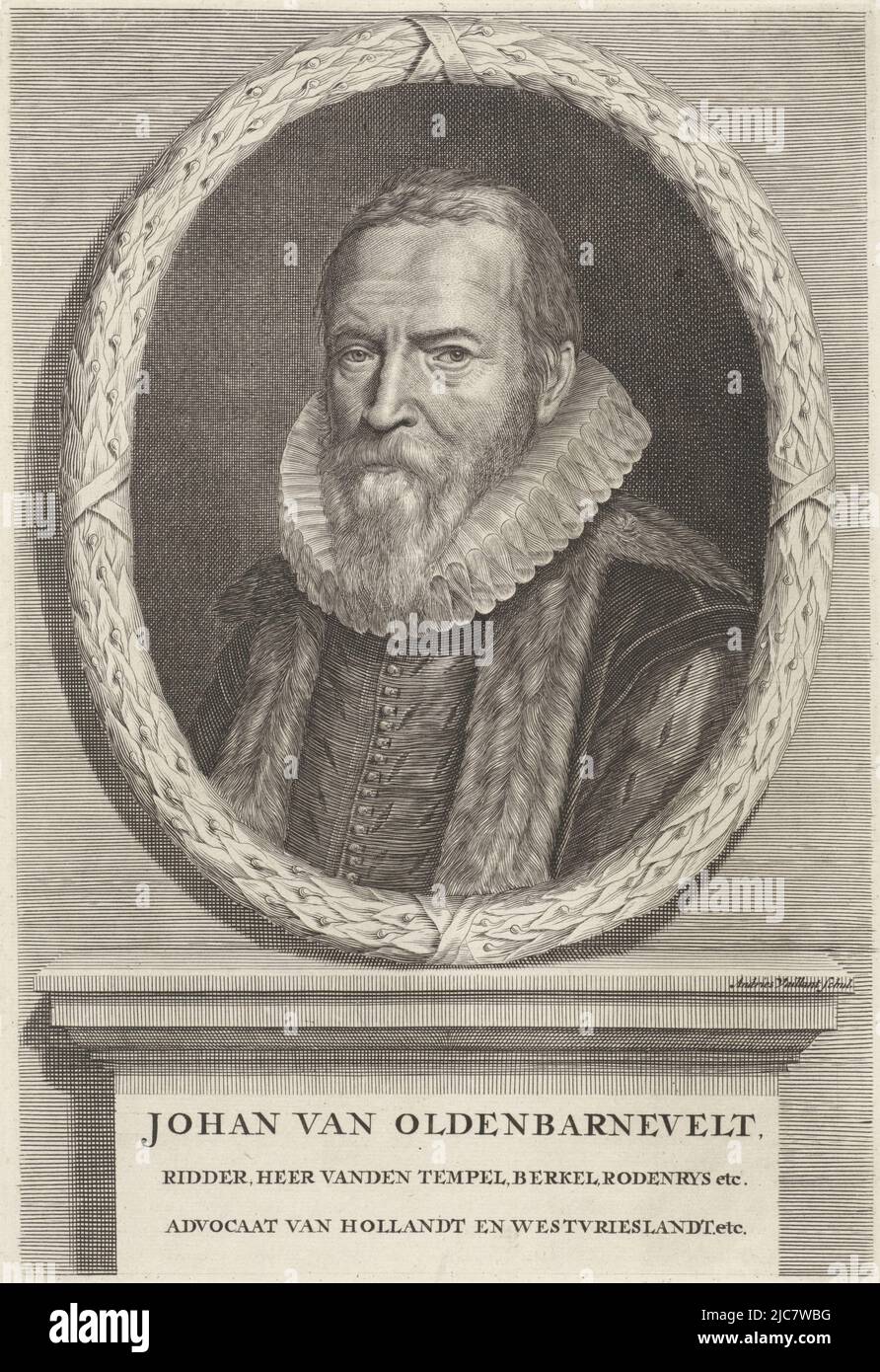 Portrait de Johan van Oldenbarnevelt, imprimé d'une série de dix-neuf portraits de personnages de l'histoire hollandaise, Portrait de Johan van Oldenbarnevelt Portraits de personnages de l'histoire hollandaise , imprimerie: Andries Vaillant, (mentionné sur l'objet), après: Michiel Jansz van Mierevelt, Low countries, 1665 - 1693, papier, gravure, h 265 mm × l 181 mm Banque D'Images