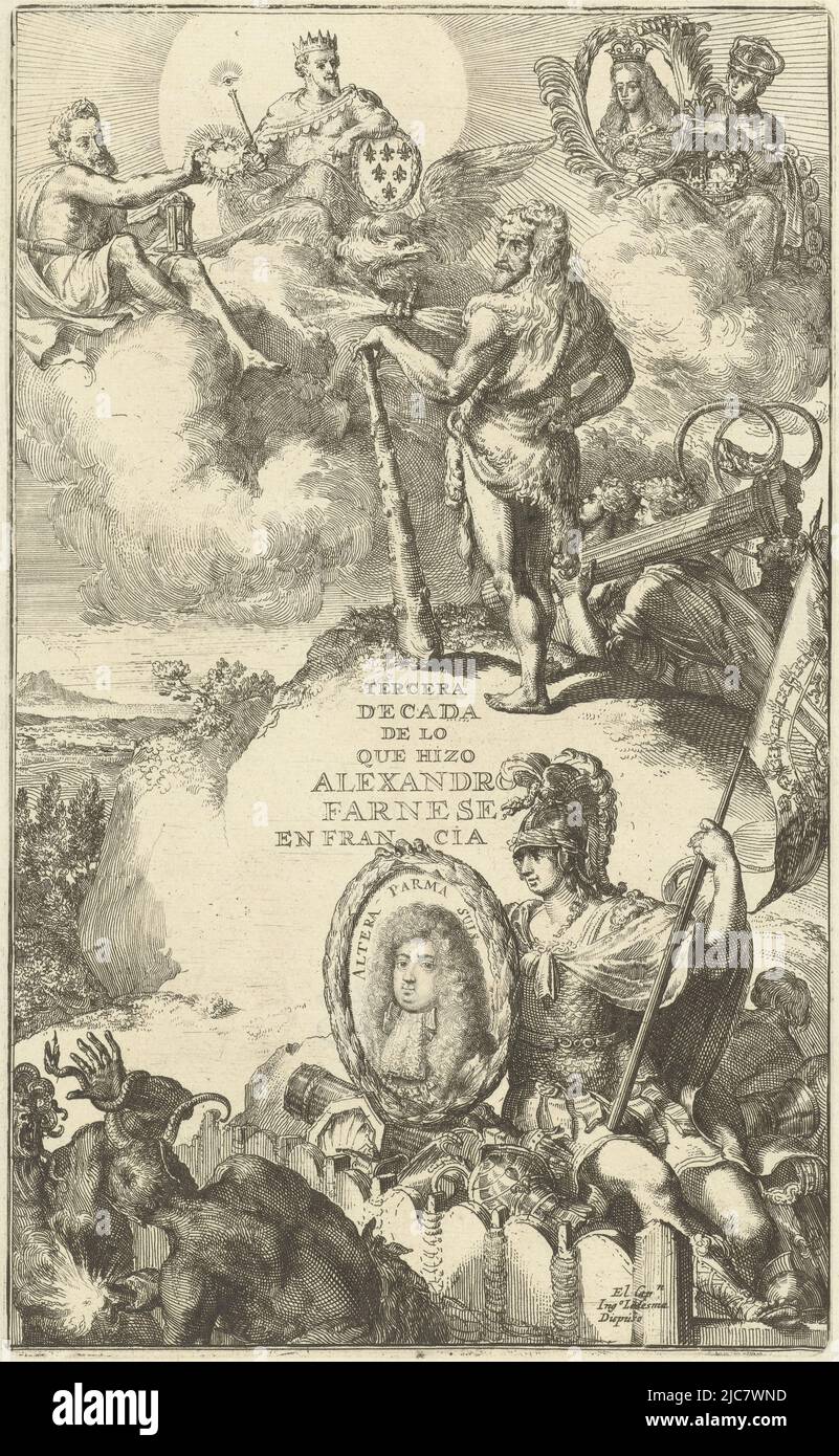 Titre allégorique imprimé pour la troisième partie de la version espagnole de Guerres de Flandres. Le général Alexandre Farnese, duc de Parme, comme Hercules avec club et peau de lion debout sur une colline. Dans les nuages figure avec les attributs du duc triomphant et un portrait d'un jeune roi. Au premier plan, Minerva avec le drapeau espagnol montre un portrait équestre du duc de Parme encadré de couronne de Laurier, à la terreur de l'ennemi. Titre imprimé pour le troisième volume de la version espagnole de Guerres de Flandres version de Guerres de Flandres Tercera Decada de lo que hizo Banque D'Images