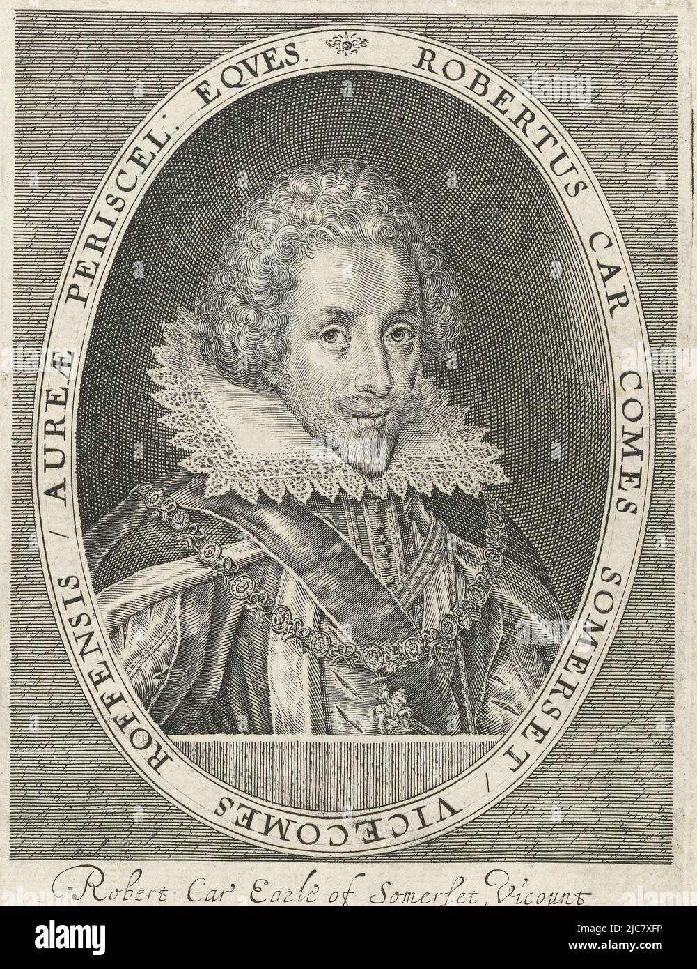 Portrait de Robert Carr, comte de Somerset. Il porte une chaîne avec le signe de l'ordre du Garter. Pendentif d'un portrait de Frances Carr, comtesse de Somerset. Portrait de Robert Carr, imprimeur: Simon van de passe, (mentionné sur l'objet), éditeur: Compton Holland, (mentionné sur l'objet), Londres, 1615 - 1622, papier, gravure, h 175 mm × l 119 mm Banque D'Images