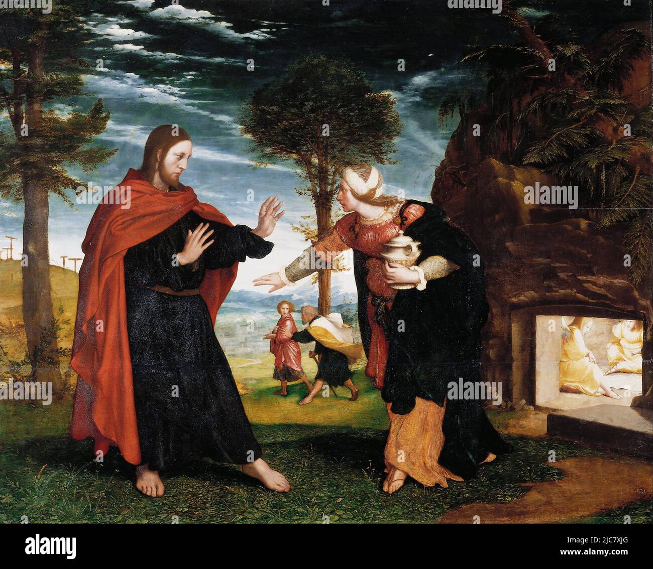 Noli me Tangere par Hans Holbein le plus jeune (1497–1543). Cette peinture dépeint le moment où Marie Magdelene reconnaît le Jésus ressuscité. Elle atteint pour lui, mais il lui demande de ne pas le toucher (Noli me tangere) car il n'est pas encore monté au ciel. Banque D'Images