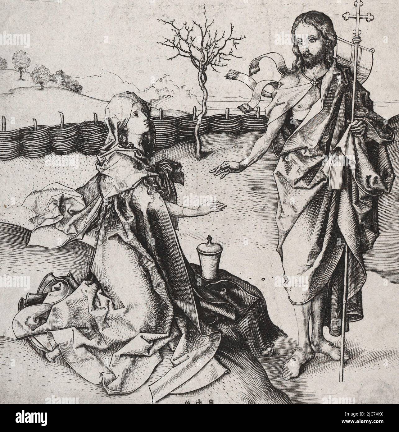 Noli me tangere de Martin Schongauer (1450-1491). Cette peinture dépeint le moment où Marie Magdelene reconnaît le Jésus ressuscité. Elle atteint pour lui, mais il lui demande de ne pas le toucher (Noli me tangere) car il n'est pas encore monté au ciel. Banque D'Images
