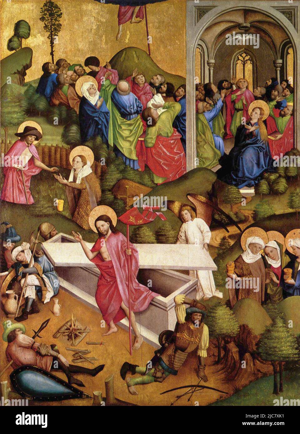 Un autel montrant les apparitions de Jésus pendant sa résurrection . Dans le sens des aiguilles d'une montre à partir du fond: Résurrection, Noli me tangere, Ascension, Pentecôte (Meister des Schöppinger, c. 1449, Pfarrkirche, Westfalen). Banque D'Images