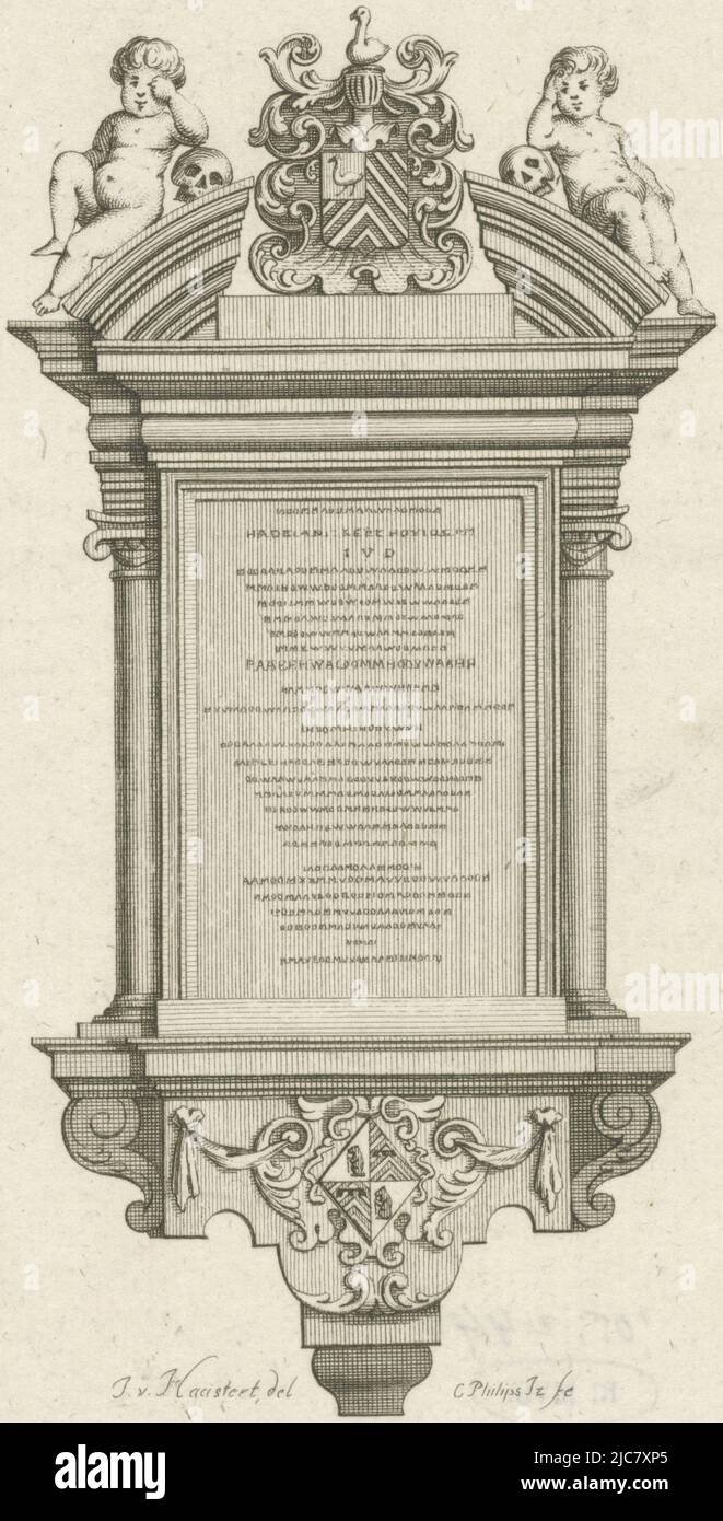 Épitaphe d'Antoni van Leeuwenhoek, montrant son blason, Epitaph d'Antoni van Leeuwenhoek, imprimeur: Caspar Jacobsz. Philips, (mentionné sur l'objet), rapporteur pour avis intermédiaire: Isaac van Haastert, (mentionné sur l'objet), Amsterdam, 1752 - 1789, papier, gravure, h 175 mm × l 101 mm Banque D'Images