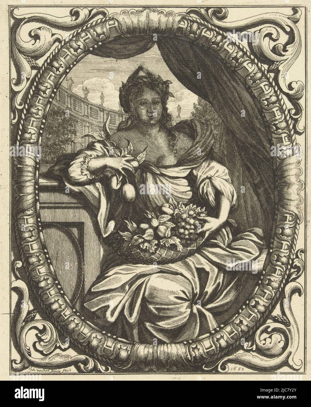 La récolte, représentée par une femme avec tuil de fruits sur ses genoux et une guirlande de fleurs dans ses cheveux, la récolte, imprimerie: Johannes Jacobsz van den Aveele, (mentionné sur l'objet), 1682, papier, gravure, h 213 mm × l 181 mm Banque D'Images