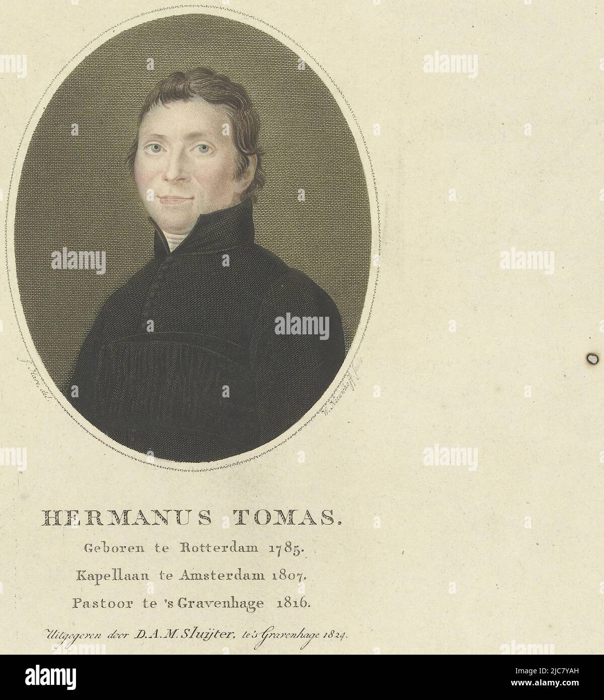 Portrait d'Hermanus Tomas, curé de la paroisse de la Haye. Buste à gauche dans un ovale, Portrait de Hermanus Tomas Hermanus Tomas , imprimerie: Walraad Nieuwhoff, (mentionné sur l'objet), dessinateur intermédiaire: Johannes Hari (I), (mentionné sur l'objet), éditeur: D.A.M. Sluyter, (mentionné sur l'objet), la Haye, 1824, papier, gravure, gravure, h 256 mm - l 204 mm Banque D'Images