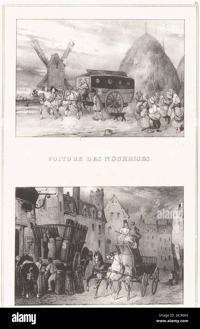 En milieu rural, un groupe de femmes se tiennent près de la charriot pour les fourgers. Un chariot avec deux cachmen descend une rue à cinq heures du matin et passe devant un wagon de fret chargé, deux représentations avec des voitures des nourrices cinq heures du matin tous les types de véhicules Panidocheme ou toutes les sorties de voitures , imprimeur: Victor Adam, (mentionné sur l'objet), imprimeur: Charles Etienne Pierre Motte, (mentionné sur l'objet), éditeur: Charles Etienne Pierre Motte, (mentionné sur l'objet), Paris, 1830, papier, h 345 mm - l 260 mm Banque D'Images