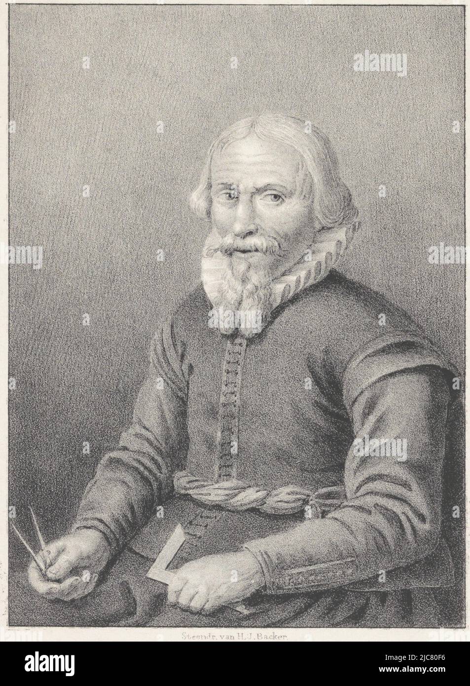 La personne représentée porte un petit collier en pierre. Dans sa main gauche il tient une boussole, dans sa droite un carré. Portrait de l'ingénieur hydraulique Jan Adriaanszoon Leeghwater, imprimeur: Anonyme, J. de Keyser, imprimeur: Hilmar Johannes Backer, (mentionné sur l'objet), Dordrecht, 1822 - 1845, papier, h 190 mm × l 133 mm Banque D'Images