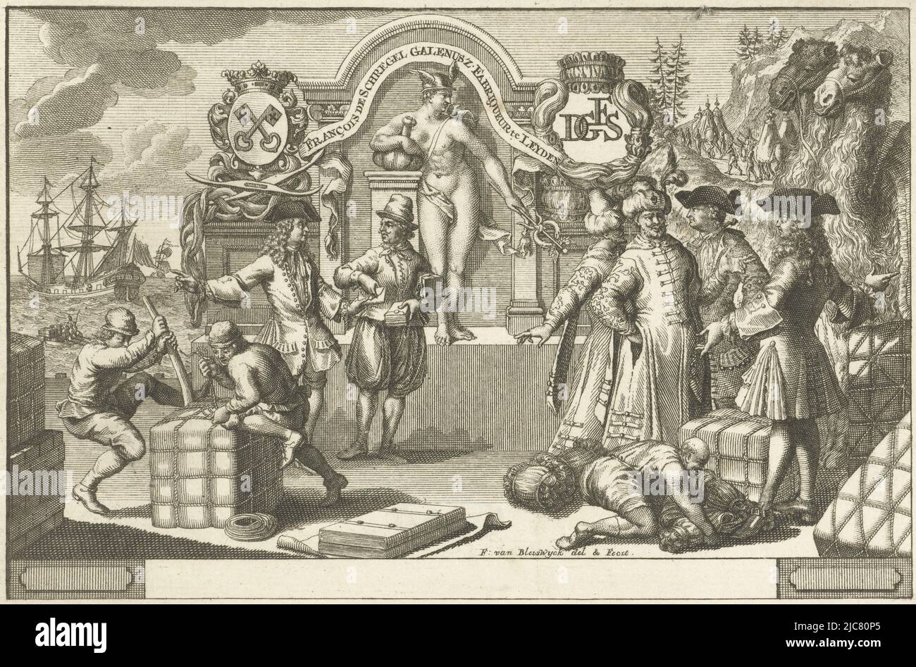 Allégorie du commerce avec statue du dieu Mercure et les commerçants faisant des affaires tandis que les hommes emballent et déballent des marchandises. Des négociations ont lieu avec des hommes vêtus de façon oriale qui sont arrivés sur deux chameaux. Allégorie du commerce avec Mercure et les commerçants, imprimerie : François van Bleyswijck, (mentionné sur l'objet), François van Bleyswijck, (mentionné sur l'objet), Leiden, 1681 - 1746, papier, gravure, h 109 mm × l 165 mm Banque D'Images