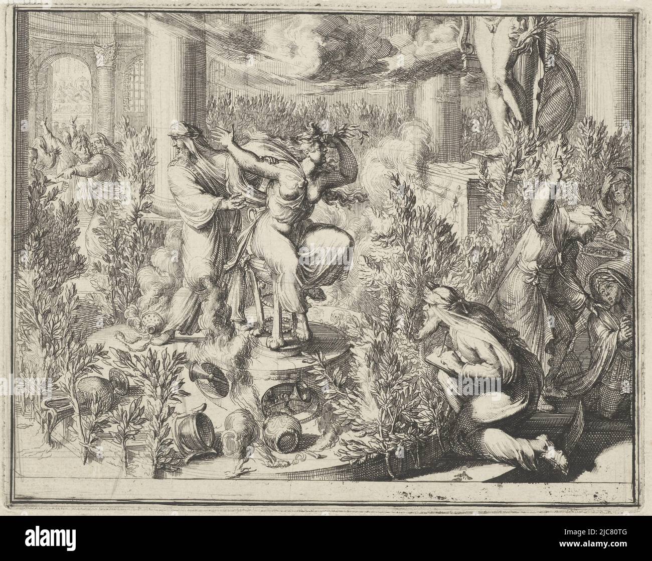 La prêtresse Pythia dans le temple de Delphes, la prêtresse Pythia dans le temple de Delphes, imprimeur: Romeyn de Hooghe, (attribué à), Romeyn de Hooghe, (attribué à), pays-Bas, 1687, papier, gravure, h 142 mm × l 180 mm Banque D'Images