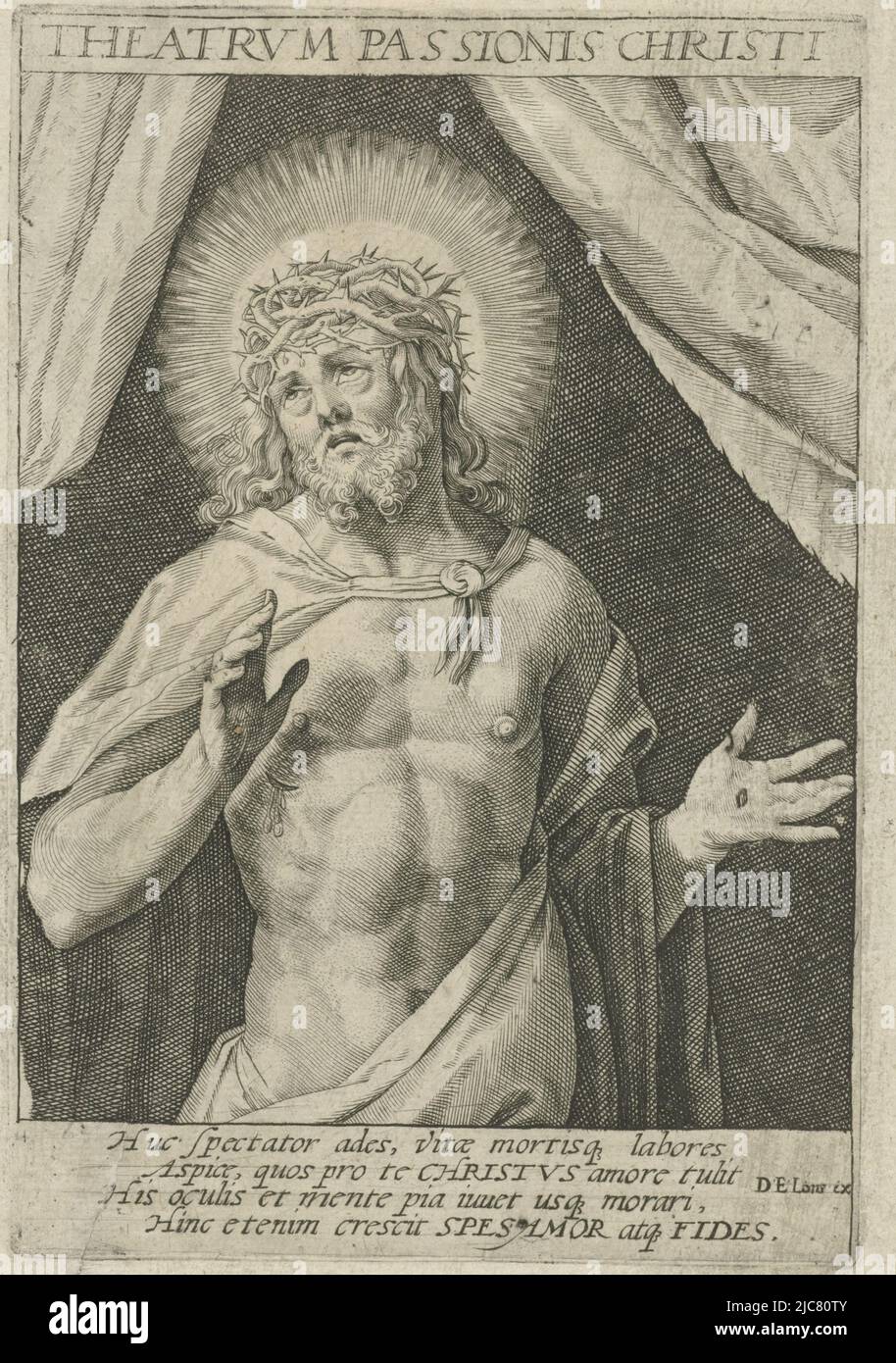 Christ comme l'homme des Sorrows, avec une couronne d'épines sur sa tête. Titre imprimé d'une série d'imprimés représentant les instruments de la passion. L'imprimé a une légende latine, Man of Sorrows passion Tools Theatrum Passionis Christi Theatrvm Passionis Christi , imprimerie: Aegidius Sadeler, éditeur: Dirk Eversen Lons, (mentionné sur l'objet), inconnu, 1580 - 1629, papier, gravure, h 158 mm × l 109 mm Banque D'Images