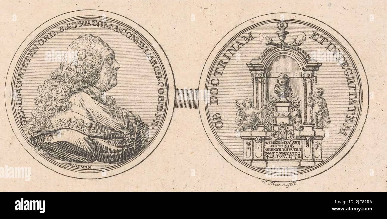 Médaille avec le portrait et la tombe de Gerard van Swieten, imprimeur: Sebastian Mansfeld, (mentionné sur l'objet), Anton Franz Widemann, (mentionné sur l'objet), 1772 - 1816, papier, gravure, h 64 mm - l 116 mm Banque D'Images