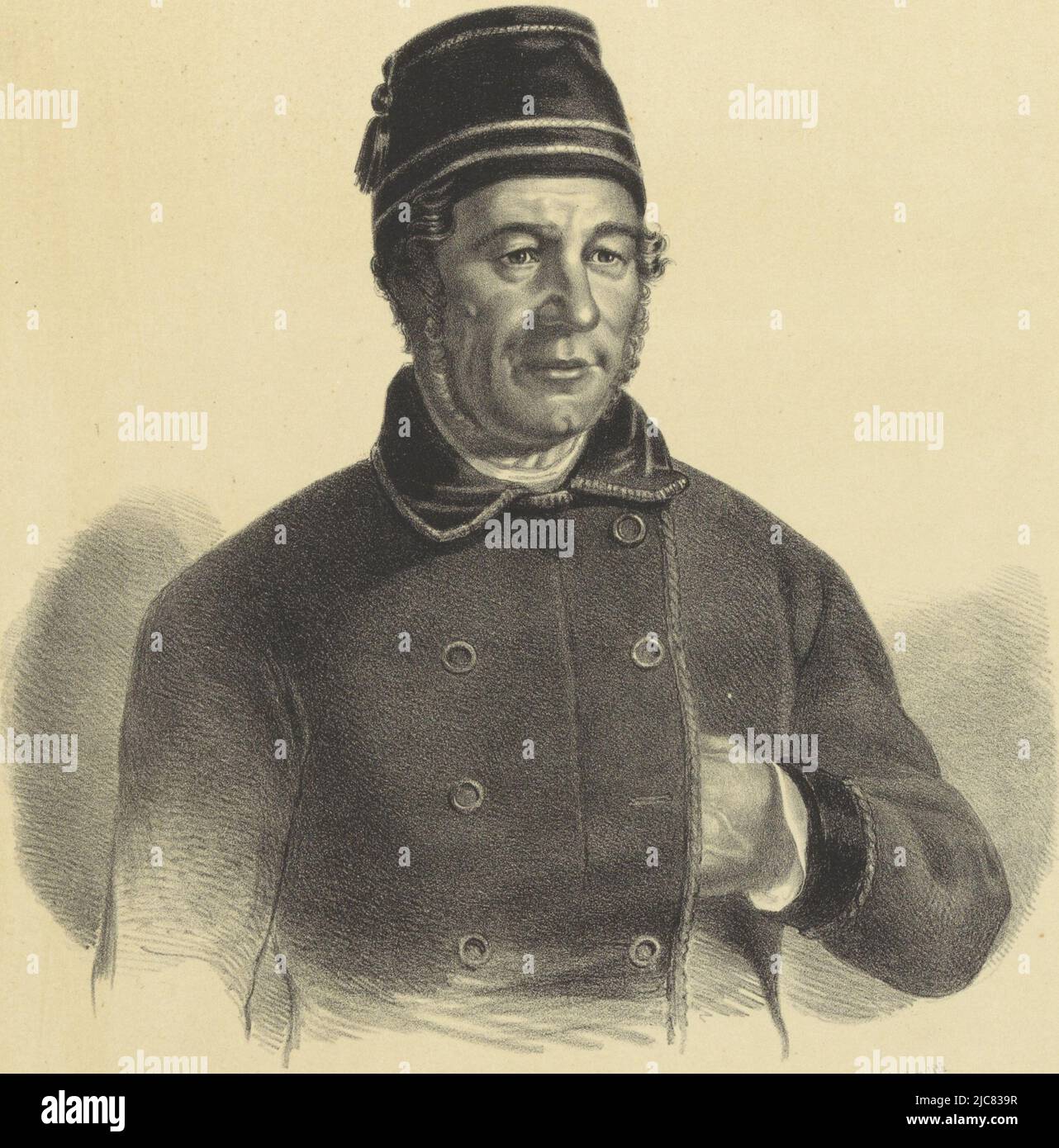 La personne représentée porte un fès de velours. Sous le portrait sa signature, Portrait de G. Ernst, imprimeur: Willem Albert Moolenijzer, (mentionné sur l'objet), après: Bernard te Gempt, (mentionné sur l'objet), imprimeur: Ruurt de Vries, (mentionné sur l'objet), Amsterdam, 1839 - 1856, papier, h 395 mm × l 295 mm Banque D'Images