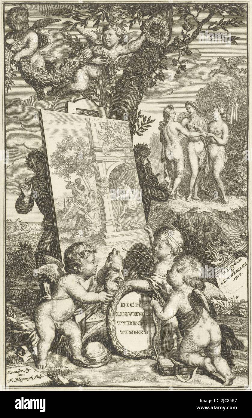 Allégorie de poésie avec putti regardant une peinture debout sur un chevalet. La peinture représente un poète dans son étude et une scène pastorale. Sur le Mont Parnassus sont les trois Grâces et Pegasus vole à travers les airs. Allégory on Poetry page de titre pour: Pieter Boddaert et al, Dichtlievende tydkortingen, bestaande in gedichten van verscheide stoffe en rymtrant, Leiden 1728 Dichtlievende tydkortingen , imprimerie: François van Bleyswijck, (mentionné sur l'objet, Hierj van Mierymterus, éditeur: Samuel Luchtmans (I), Leiden, 1681 - 1717 et/ou 1717, papier, gravure, h 166 mm × l 107 mm Banque D'Images