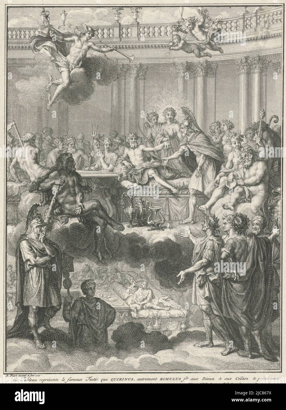 Une fête a lieu dans le ciel que Romulus a organisé en l'honneur des dieux. Il se tient devant Jupiter reposant sur un canapé et intercède avec lui au nom de ses successeurs. À ses pieds un instrument indiquant combien de temps ils peuvent parler. Sur la droite empereurs Julius Caesar, Augustus, Trajan et Marcus Aurelius. À gauche, Hercules pointant vers Alexandre le Grand qui regarde de nouveau les autres avec attention. Dans la marge une légende de cinq lignes en français, Fête de Romulus page de titre pour: Flavius Claudius Julianus Apostata, les cesars de l'empereur Julien, 1728, imprimerie: Bernard Picart, ( Banque D'Images