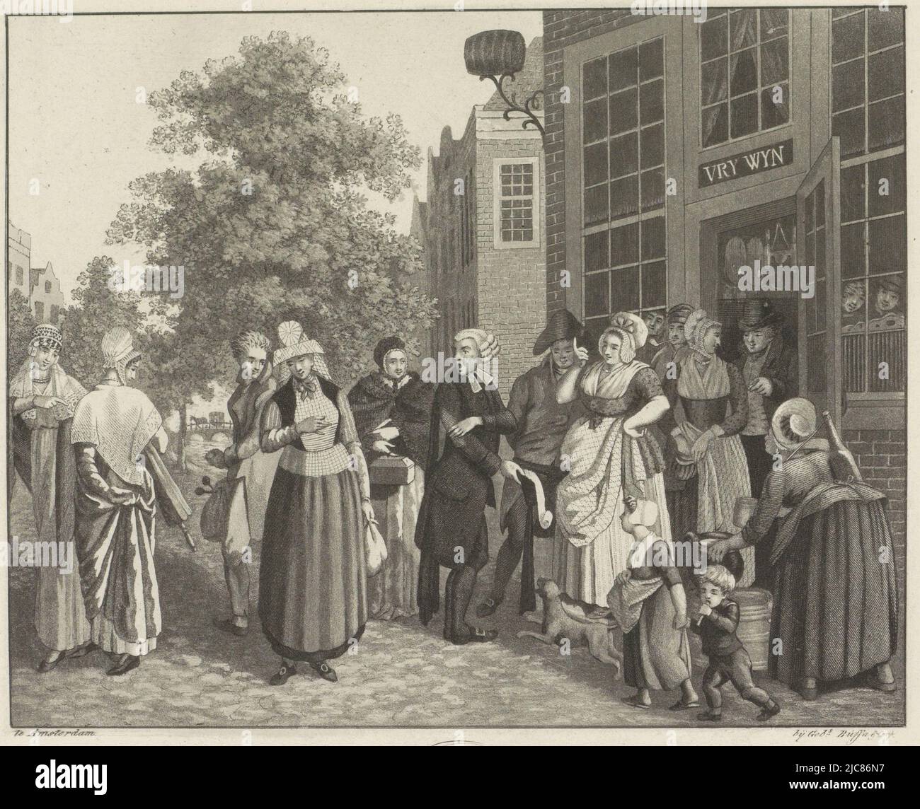 Douze personnes en costume traditionnel de diverses villes, dans la rue en face d'un City inn, ca. 1820-1830. Selon les légendes sous le titre, ce sont des femmes des villes de Zaandam et Hindeloopen, une femme de la classe moyenne supérieure et d'autres avec les professions de portier, marchand de vin, femme de ménage et de femme de chambre. Les deux enfants désignés orphelins. Voir aussi la pendentif, douze personnes en costume traditionnel de diverses villes, ca. 1820-1830 costumes Hollandsche. Stad/ville. Costumes Hollandaises , imprimerie: Ludwig Gottlieb Portman, (attribué à), éditeur: Gebroeders Buffa Banque D'Images