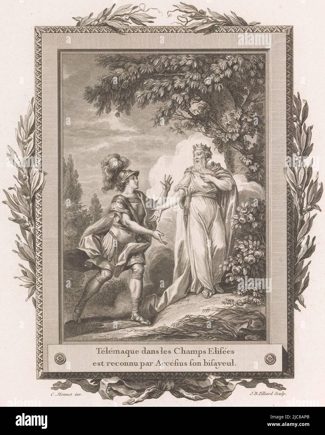 Arcelius, debout sous un arbre, reconnaissant son petit-fils Telemachus à gauche. La scène est encadrée par un cadre ornemental avec des branches d'olivier et un noeud au fond. Numéroté en haut à droite : N° II Telemachus est reconnu par son grand-père Arcelius, imprimeur: Jean-Baptiste Tilliard, (mentionné sur l'objet), dessinateur intermédiaire: Charles Monnet, (mentionné sur l'objet), éditeur: Pierre Didot, imprimeur: France, dessinateur intermédiaire: France, Editeur: Paris, Editeur: Paris, Editeur: Paris, Editeur: Paris, Editeur: Paris, 1785, papier, gravure, gravure, h 315 mm × l 242 Banque D'Images