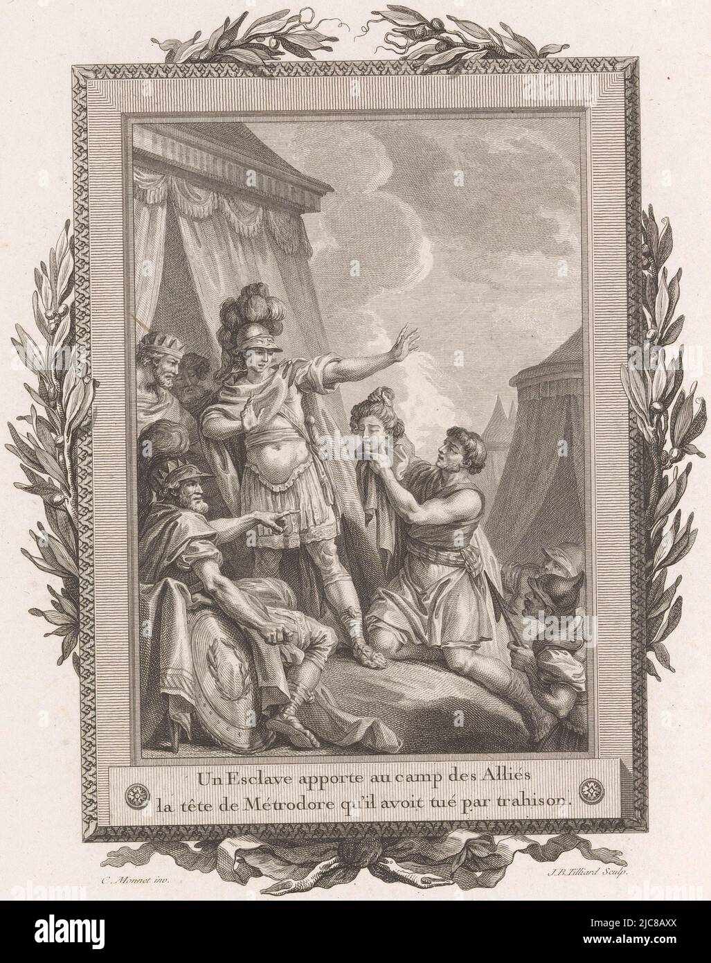 Dans un camp tendu, un serviteur à genoux (à droite) tient la tête coupée de Metrodorus. Devant lui, Telemachus se tient devant une tente avec les bras levés. Autour d'eux sont des soldats et des rois. Le tout est encadré par un cadre ornemental avec des branches d'olive et au fond un arc. Numéroté en haut à droite: No. I. Telemachus est offert le chef du traître Metrodorus, imprimeur: Jean-Baptiste Tilliard, (mentionné sur l'objet), dessinateur intermédiaire: Charles Monnet, (mentionné sur l'objet), éditeur: Pierre Didot, imprimeur: France, dessinateur intermédiaire: France, Editeur: Paris, éditeur Banque D'Images Dans un camp tendu, un serviteur à genoux (à droite) tient la tête coupée de Metrodorus. Devant lui, Telemachus se tient devant une tente avec les bras levés. Autour d'eux sont des soldats et des rois. Le tout est encadré par un cadre ornemental avec des branches d'olive et au fond un arc. Numéroté en haut à droite: No. I. Telemachus est offert le chef du traître Metrodorus, imprimeur: Jean-Baptiste Tilliard, (mentionné sur l'objet), dessinateur intermédiaire: Charles Monnet, (mentionné sur l'objet), éditeur: Pierre Didot, imprimeur: France, dessinateur intermédiaire: France, Editeur: Paris, éditeur Banque D'Images