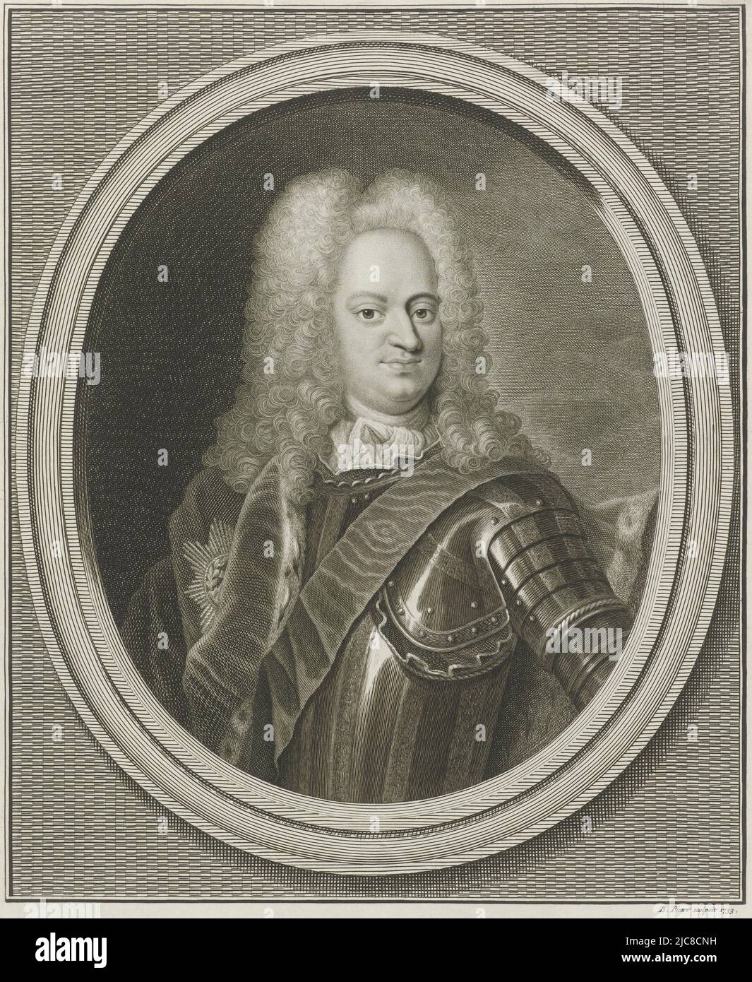 Portrait de Charles, prince du Danemark et de Norvège, fils du roi Christian V. il porte l'étoile de l'ordre de l'éléphant. Dans la marge une légende en latin. Portrait de Charles, Prince du Danemark et de la Norvège, imprimerie: Bernard Picart, (mentionné sur l'objet), Amsterdam, 1733, papier préparé, gravure, gravure, h 330 mm × l 215 mm Banque D'Images