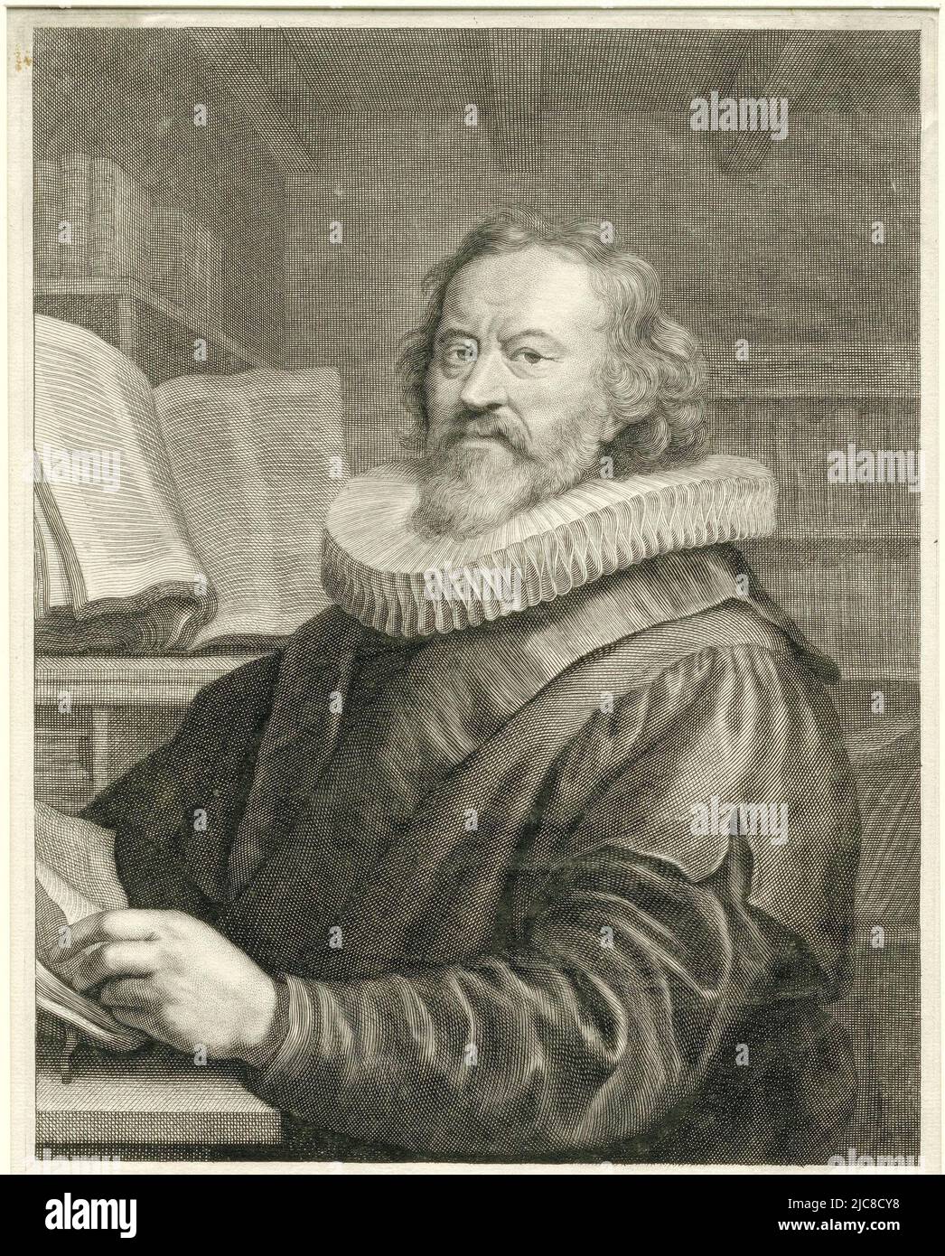 Portrait de Gerardus Joannes Vossius, assis dans une salle d'étude avec des livres. Vossius est assis à une table et lit dans un livre. Avec un verset latin de Caspar Barlaeus. Portrait de Gerardus Joannes Vossius, imprimeur: Abraham Bloteling, (mentionné sur l'objet), après: Joachim von Sandrart (I), (mentionné sur l'objet), Caspar van Baerle, (mentionné sur l'objet), Amsterdam, après c. 1660 - avant 1690, papier, gravure, h 268 mm × l 175 mm Banque D'Images