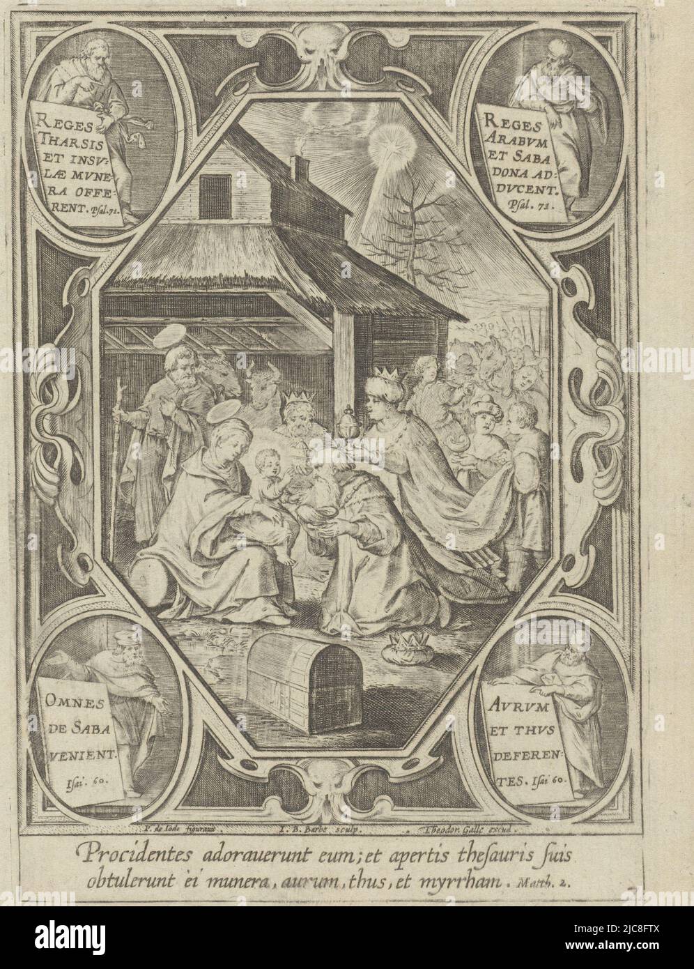Les trois rois offrent des cadeaux à l'enfant Christ. La scène est montrée dans un cadre octogonal avec des médaillons dans quatre coins avec des textes latins faisant référence aux secteurs d'où les rois ont voyagé avec leurs dons. Le texte ci-dessous fait également référence au culte et aux objets de valeur tels que l'or et la myrrhe que les rois ont pris avec eux (Matthieu 2), adoration du Christ enfant par les trois Rois, imprimeur: Jan-Baptist Barbé, (mentionné sur l'objet), dessinateur intermédiaire: Pieter de Jode, (mentionné sur l'objet), éditeur: Theodporte Galle, (mentionné sur l'objet), 1588 - 1648, papier, gravure, h 160 Banque D'Images