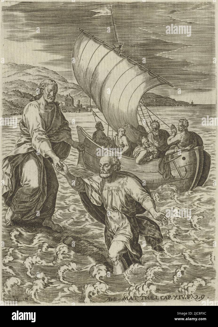 Illustration de livre accompagnant l'histoire du Christ et de ses disciples dans la tempête sur la mer de Galilée (Matthieu 14: 24-31 ). Les disciples du Christ naviguent dans un bateau à travers la mer de Galilée pendant une tempête. Christ les suit à travers l'eau. Les disciples sont grandement effrayés par ce miracle. Pierre marche à travers l'eau vers le Christ. Il menace de se noyer, mais Christ le sauve. L'imprimé comprend une légende avec une référence au passage de la Bible qui l'accompagne, Christ et ses disciples dans la tempête sur la mer de Galilée scènes de la Bible Biblia sacra , imprimerie: Abraham de Bruyn, ( Banque D'Images