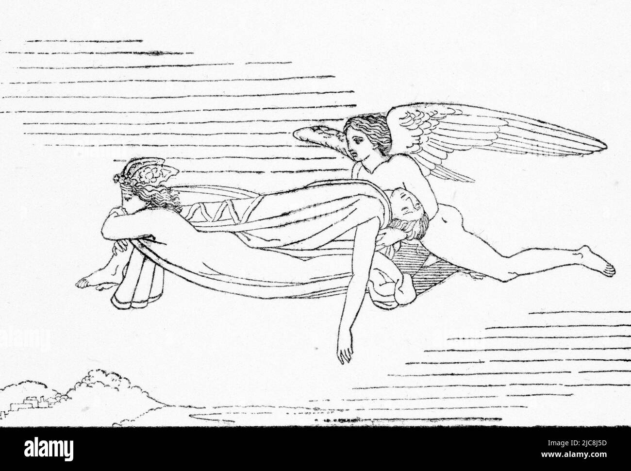 Le sommeil et la mort transportant le corps de Sarpedon à Lycia, c1792. Par John Flaxman (1755-1826). Sarpedon était dans la légende grecque, fils de Zeus, roi des dieux, et Laodameia, fille de Bellerophon. Dans l'Iliad Sarpedon de Homer a combattu du côté des chevaux de Troie et a été tué par le guerrier grec Patroclus. Une lutte a eu lieu pour la possession de son corps jusqu'à ce qu'Apollo l'ait sauvé des Grecs et l'a remis à Hypnos et Thanatos (sommeil et mort) qui l'ont transmis pour inhumation à Lycia. L'Iliad est un poème épique grec ancien en hexamétre dactylique, traditionnellement attribué à Homer. Banque D'Images