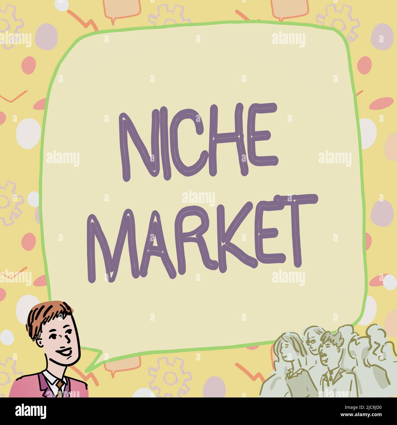 Affiche présentant un marché de niche. Mot écrit sur un sous-ensemble du marché sur lequel un produit spécifique est focalisé homme d'affaires avec grande bulle d'expression parlant Banque D'Images