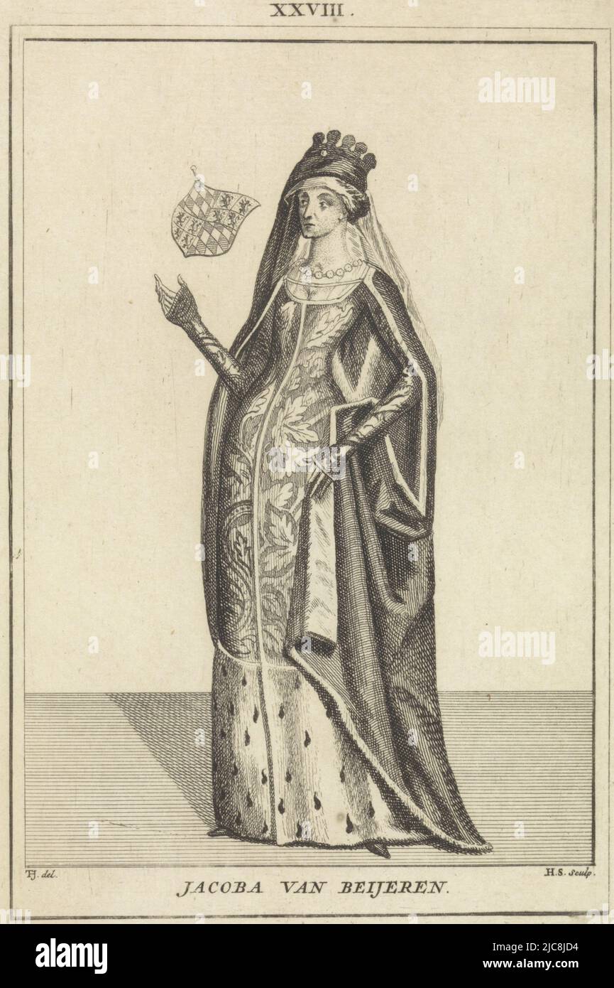 Portrait de Jacoba de Bavière, comtesse de Hollande, de Zélande et de Hainaut, debout à gauche. À côté d'elle un blason. Top centre: XXVIII, Portrait de Jacoba van Beieren, comtesse de Hollande, de Zélande et de Hainaut, imprimerie: Hendrik Spilman, (mentionné sur l'objet), rapporteur pour avis intermédiaire: Tako Hajo Jelgersma, (mentionné sur l'objet), après: Anonyme, Haarlem, 1745, papier, gravure, h 192 mm × l 135 mm Banque D'Images