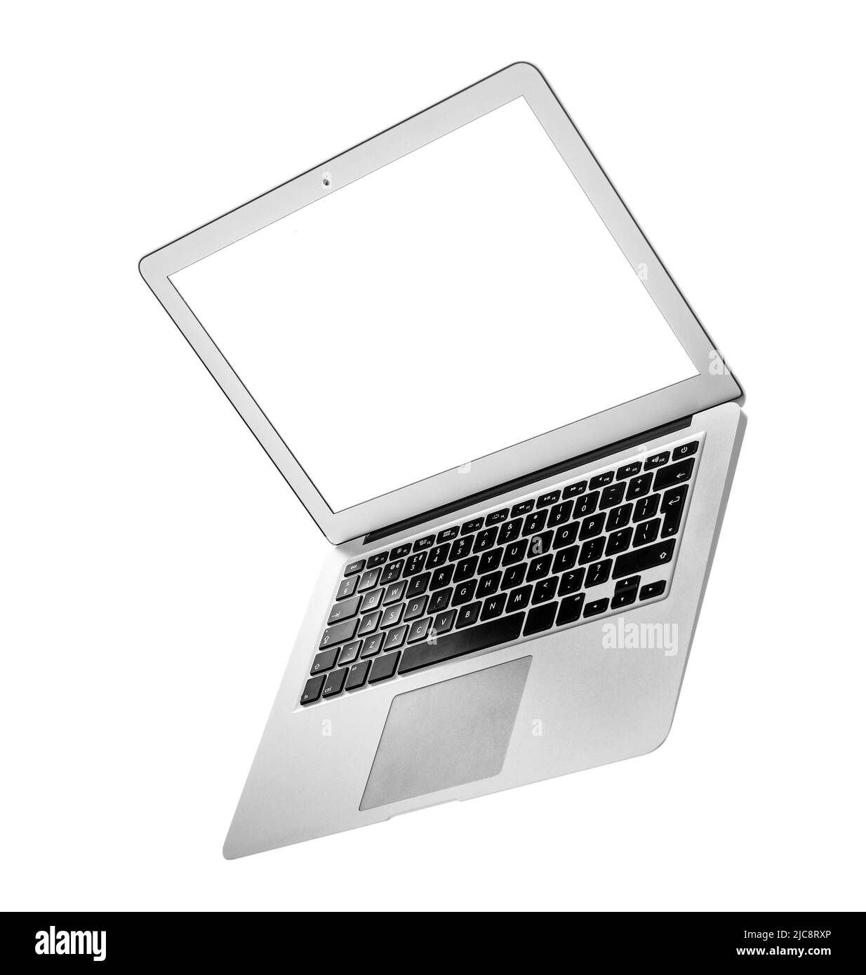 Ordinateur portable moderne avec écran blanc isolé sur blanc Banque D'Images