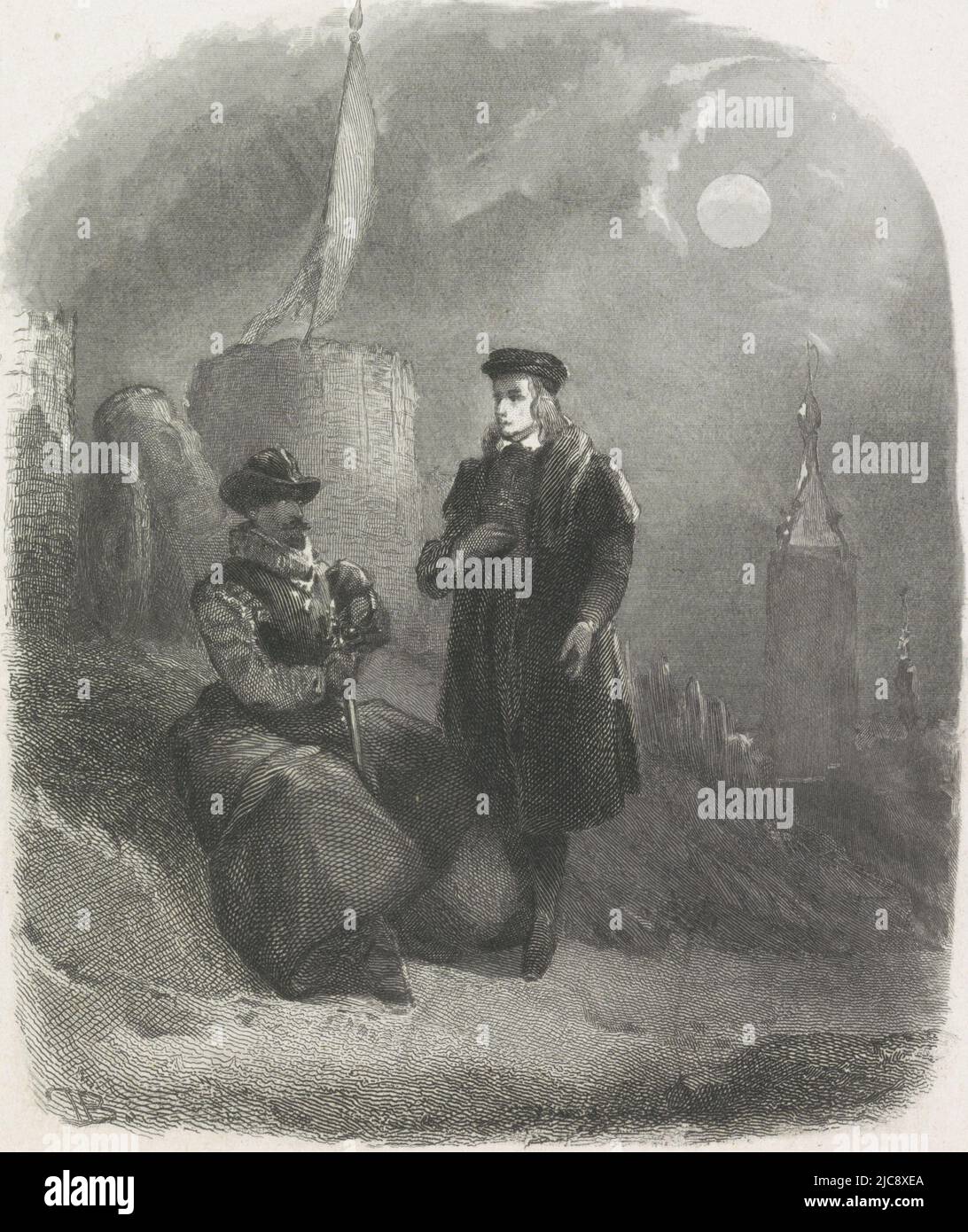 Sur la gauche, un homme assis avec un chapeau sur la tête, penché sur un fusil. Il regarde l'homme debout sur la droite. En arrière-plan une tour. Dans le ciel la lune, deux hommes par la lune, imprimeur: Monogrammiste JB (graveur), (mentionné sur l'objet), 1800 - 1906, papier, gravure, h 252 mm × l 167 mm Banque D'Images Sur la gauche, un homme assis avec un chapeau sur la tête, penché sur un fusil. Il regarde l'homme debout sur la droite. En arrière-plan une tour. Dans le ciel la lune, deux hommes par la lune, imprimeur: Monogrammiste JB (graveur), (mentionné sur l'objet), 1800 - 1906, papier, gravure, h 252 mm × l 167 mm Banque D'Images