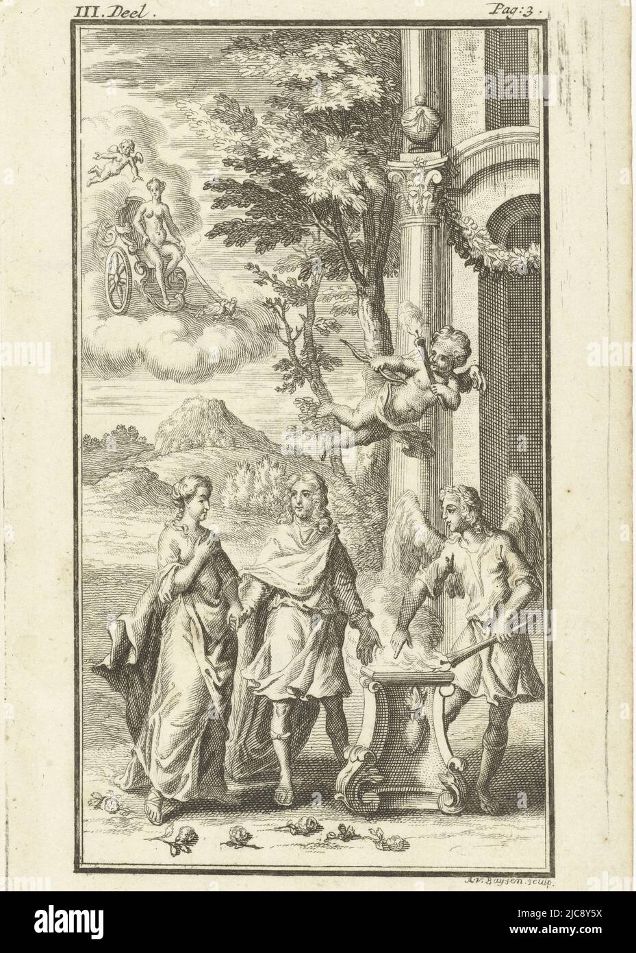 Un mariage est exécuté en plein air. À côté d'un autel avec un foyer se tient le couple de mariage et un ange tenant une torche brûlante. Amor vole au-dessus de l'autel et, dans le ciel, on peut voir Vénus dans son char. Scène de mariage avec Vénus et Amor, imprimerie: Andries van Buysen (Sr.), (mentionné sur l'objet), anonyme, Amsterdam, 1723, papier, gravure, gravure, h 142 mm × l 93 mm Banque D'Images