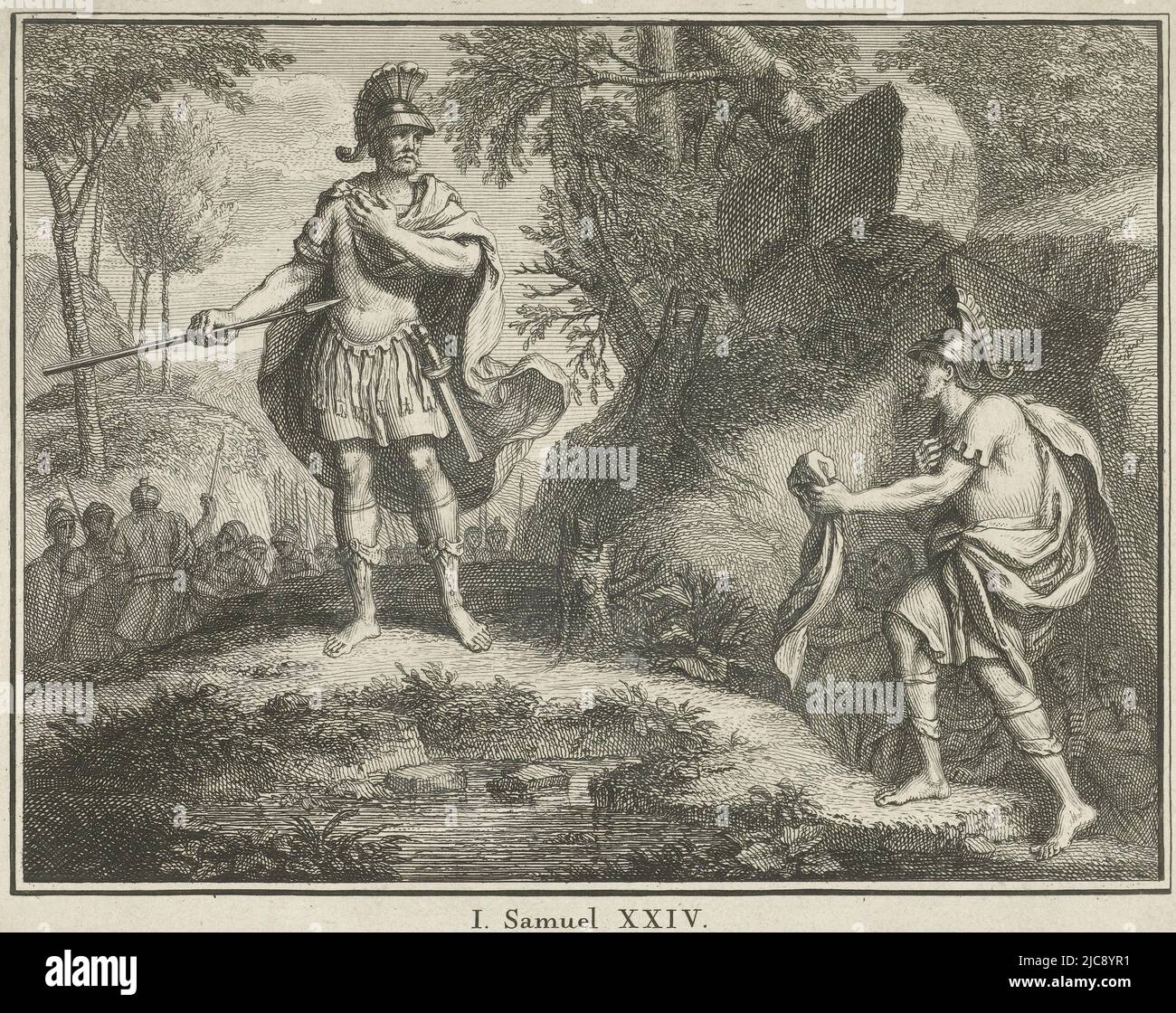 Représentation biblique de Sam 1. 24. David empêche ses hommes de tuer Saül. Il montre à Saül surpris un morceau de son manteau qu'il a coupé plus tôt. Ci-dessous la représentation est le titre en néerlandais et français. Le titre décrit un événement qui a eu lieu plus tôt, à savoir la découpe d'un morceau de manteau de Saül.David montre à Saül le morceau de son manteau, imprimeur: Jacob Folkema, 1702 - 1767, papier, gravure, h 161 mm × l 194 mm Banque D'Images