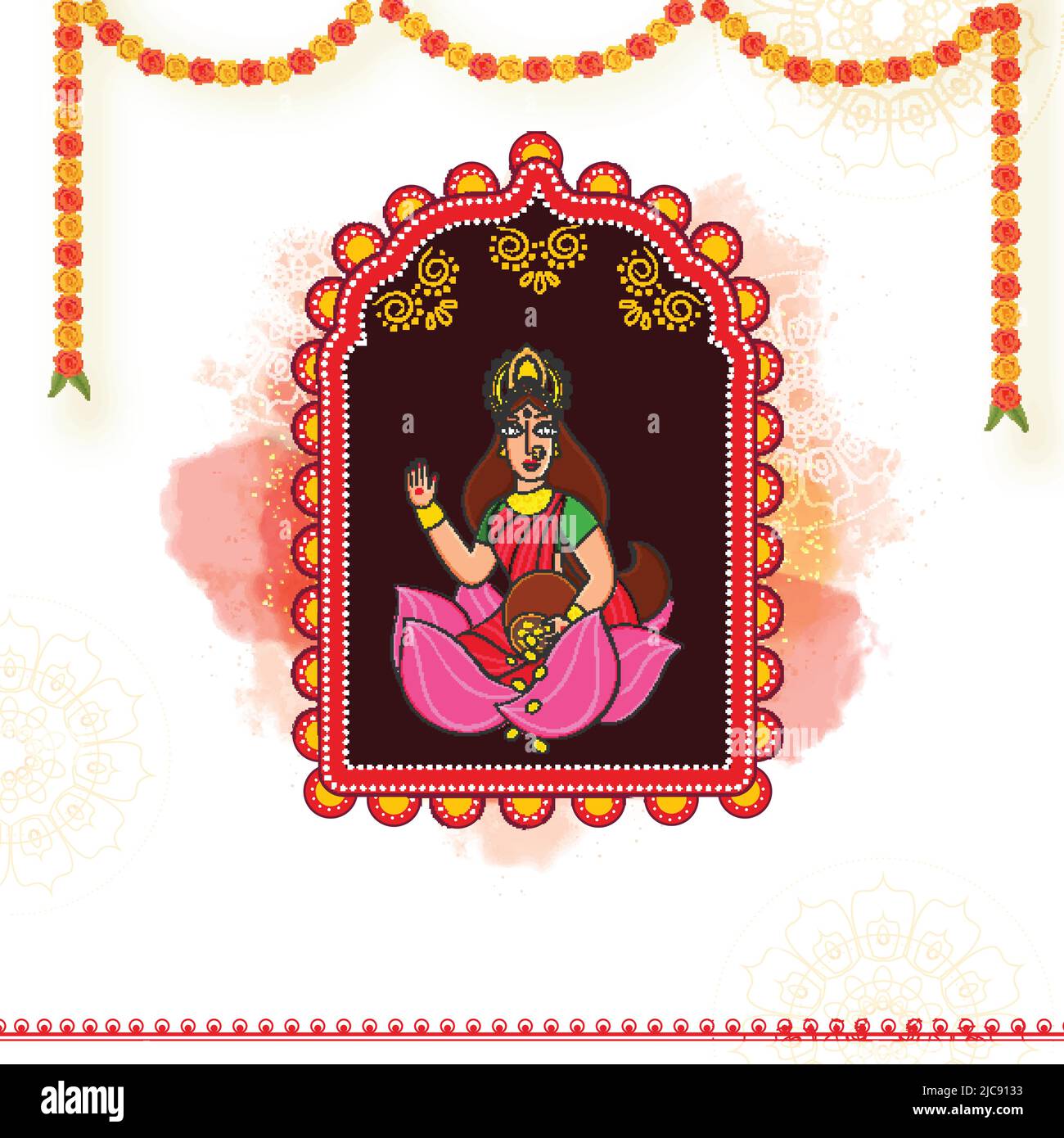 La déesse Lakshmi donne la Bénédiction avec la guirlande florale sur fond brun et blanc. Illustration de Vecteur