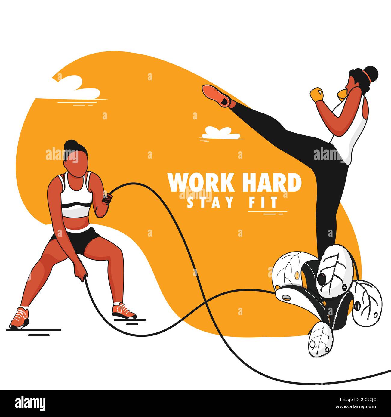 Concept Work Hard Stay Fit avec des jeunes femmes sans visage faisant de l'exercice sur fond blanc et orange. Illustration de Vecteur