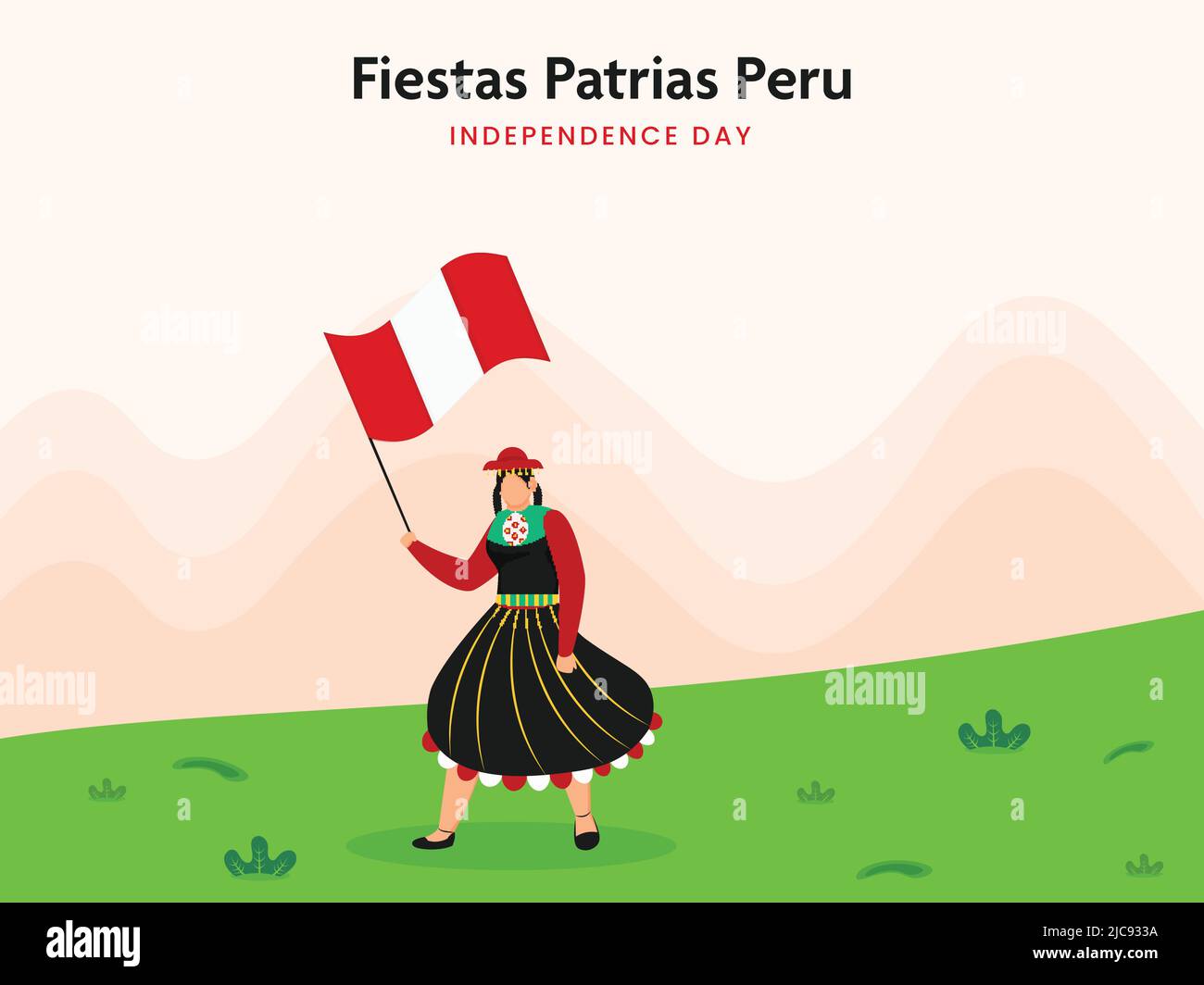 Fiestas Patrias Peru Independence Day concept, femme péruvienne portant une robe traditionnelle avec drapeau national Holded sur Peach et fond vert. Illustration de Vecteur