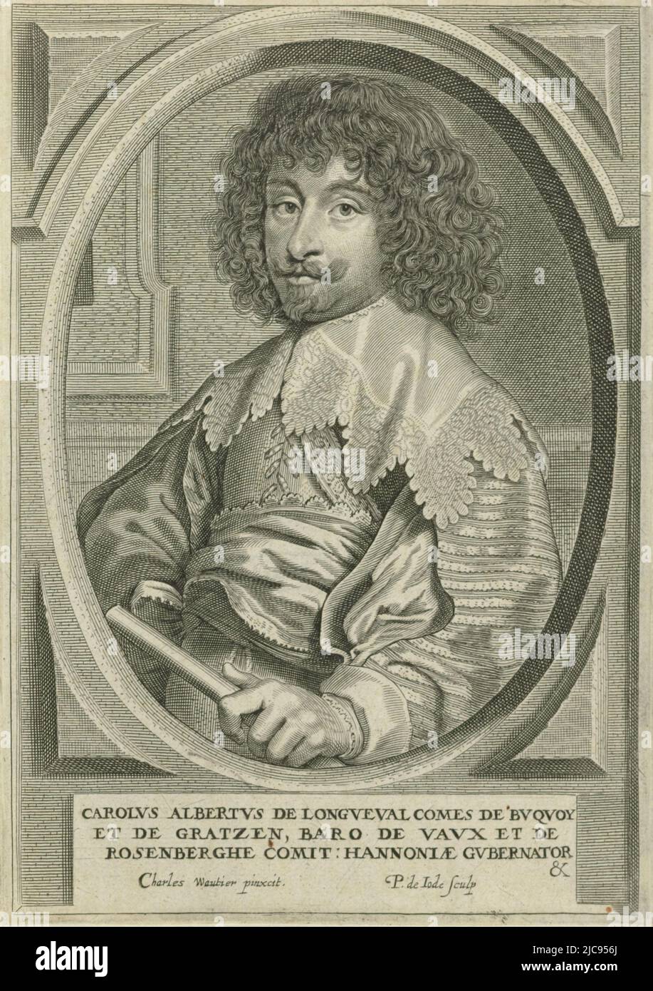Portrait de Charles Albert de Longueval, comte de Bucquoy, dans le demi-veau. Dans sa main gauche, il a un personnel de commandement. Le portrait est encadré dans un cadre ovale avec bordure carrée. Dans la marge est une légende de trois lignes en latin, Portrait de Charles Albert de Longueval, imprimerie: Pieter de Jode (II), (mentionné sur l'objet), après: Charles Wautier, (mentionné sur l'objet), Anvers, 1628 - 1670, papier, gravure, h 169 mm × l 119 mm Banque D'Images