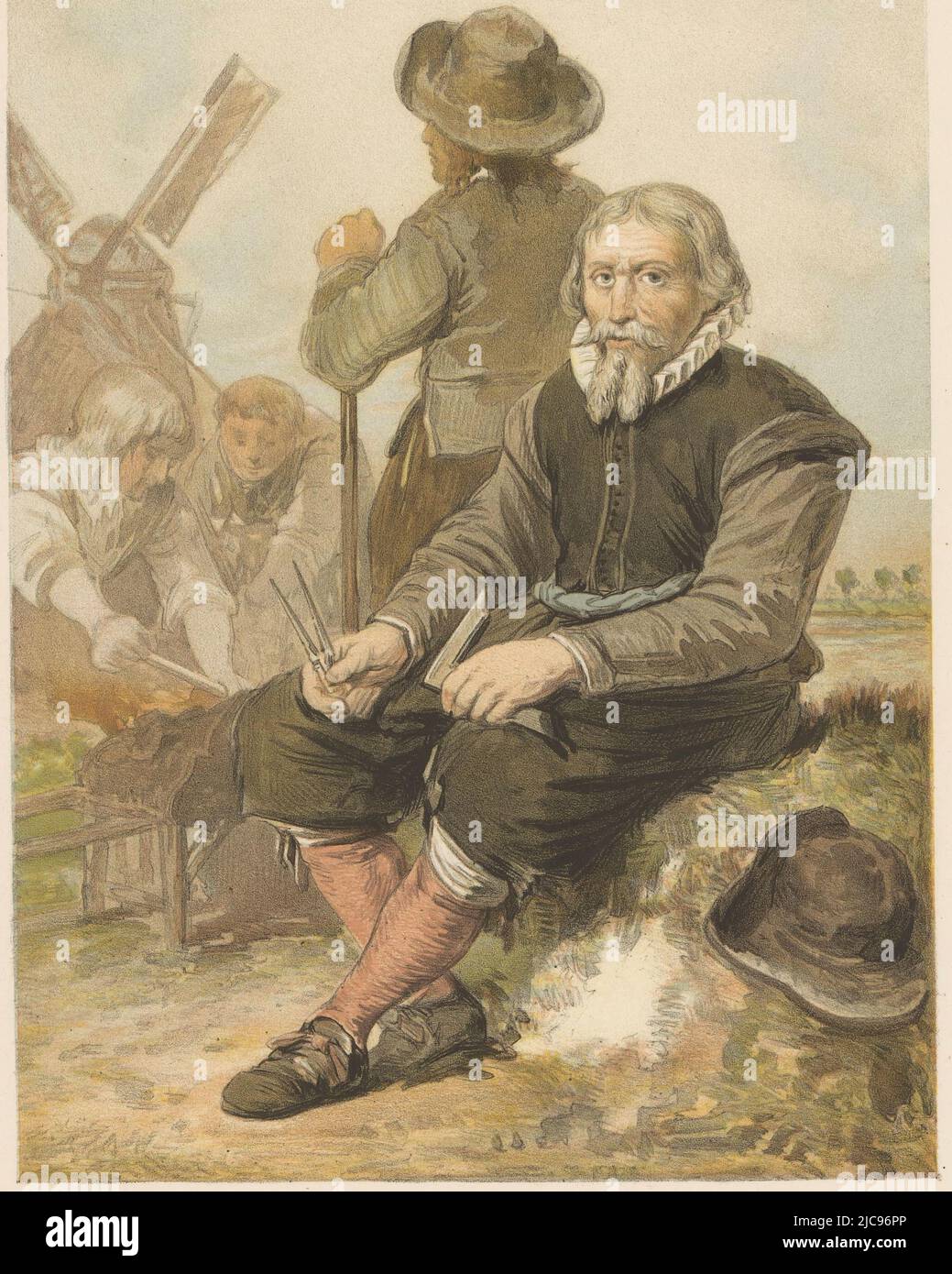 Il a une boussole et un carré entre ses mains. Derrière lui se trouvent trois hommes qui travaillent. En arrière-plan se trouve un moulin à vent. Le millwright Jan Adriaanszoon Leeghwater au travail, imprimeur: Pieter Wilhelmus van de Weijer, (mentionné sur l'objet), Herman Frederik Carel ten Kate, (mentionné sur l'objet), imprimeur: Pieter Wilhelmus van de Weijer, (mentionné sur l'objet), Utrecht, 1834 - après 1900, papier, h 320 mm - l 225 mm Banque D'Images